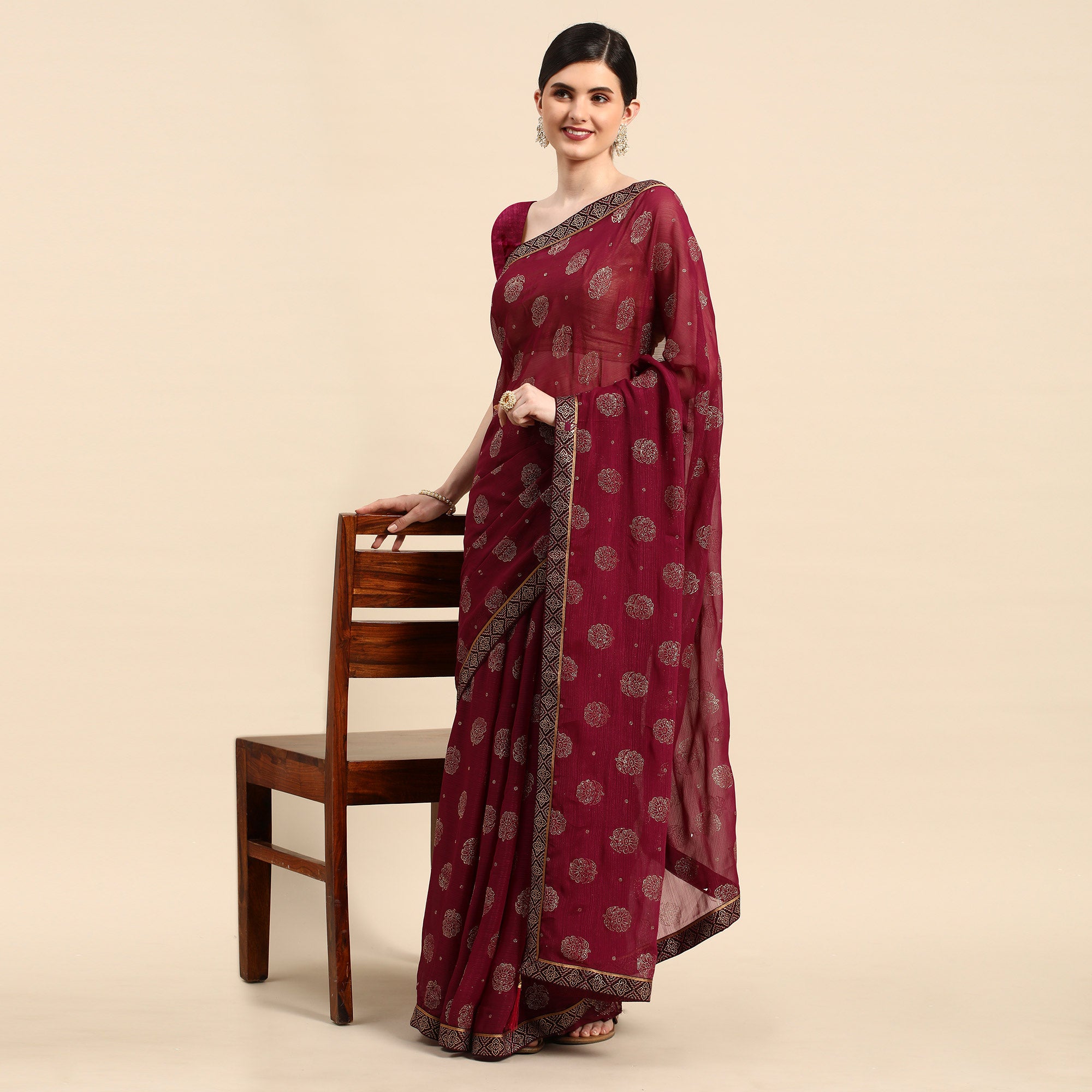 Purple Foil Printed With Embellished Chiffon Saree