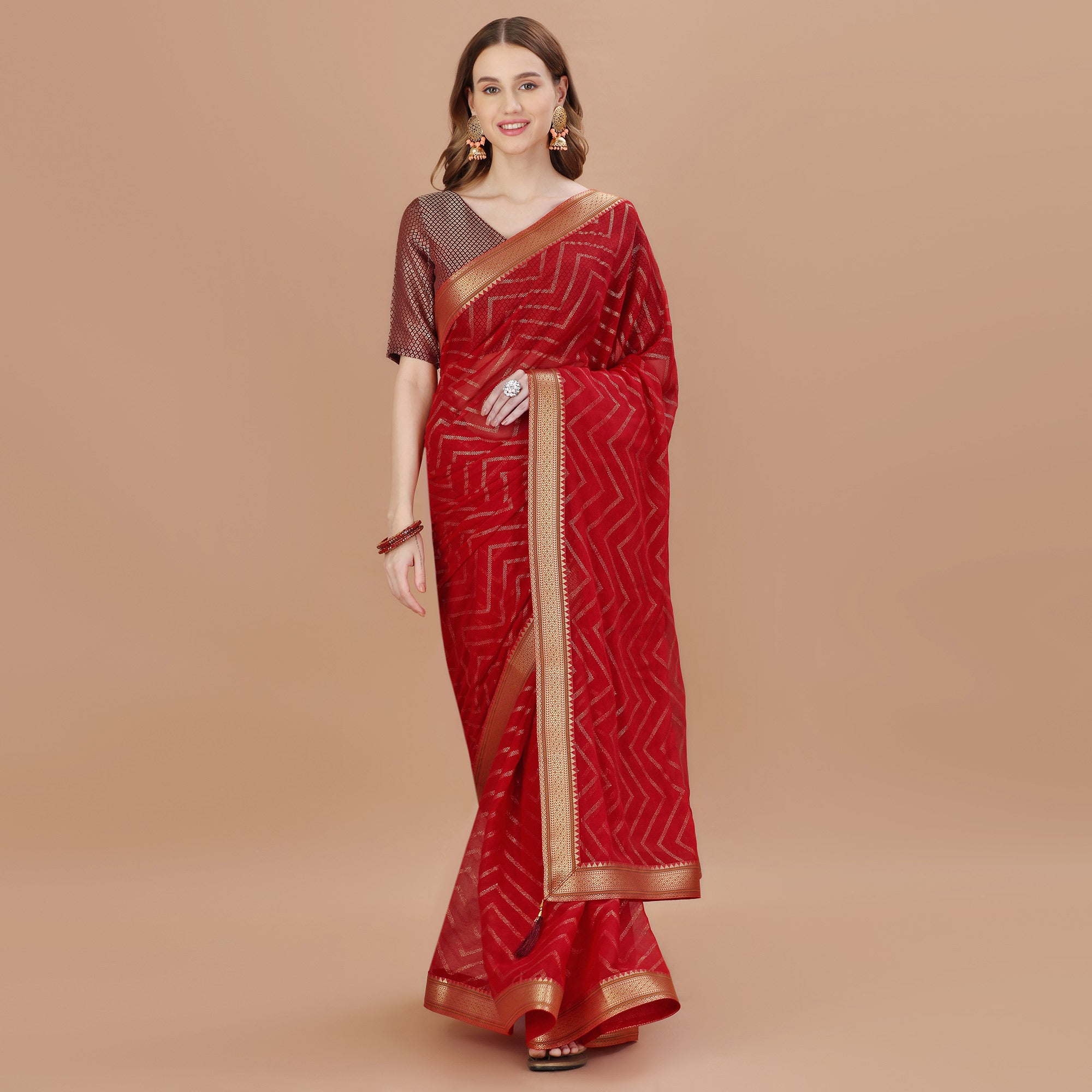 Maroon Foil Printed Chiffon Saree With Lace Border