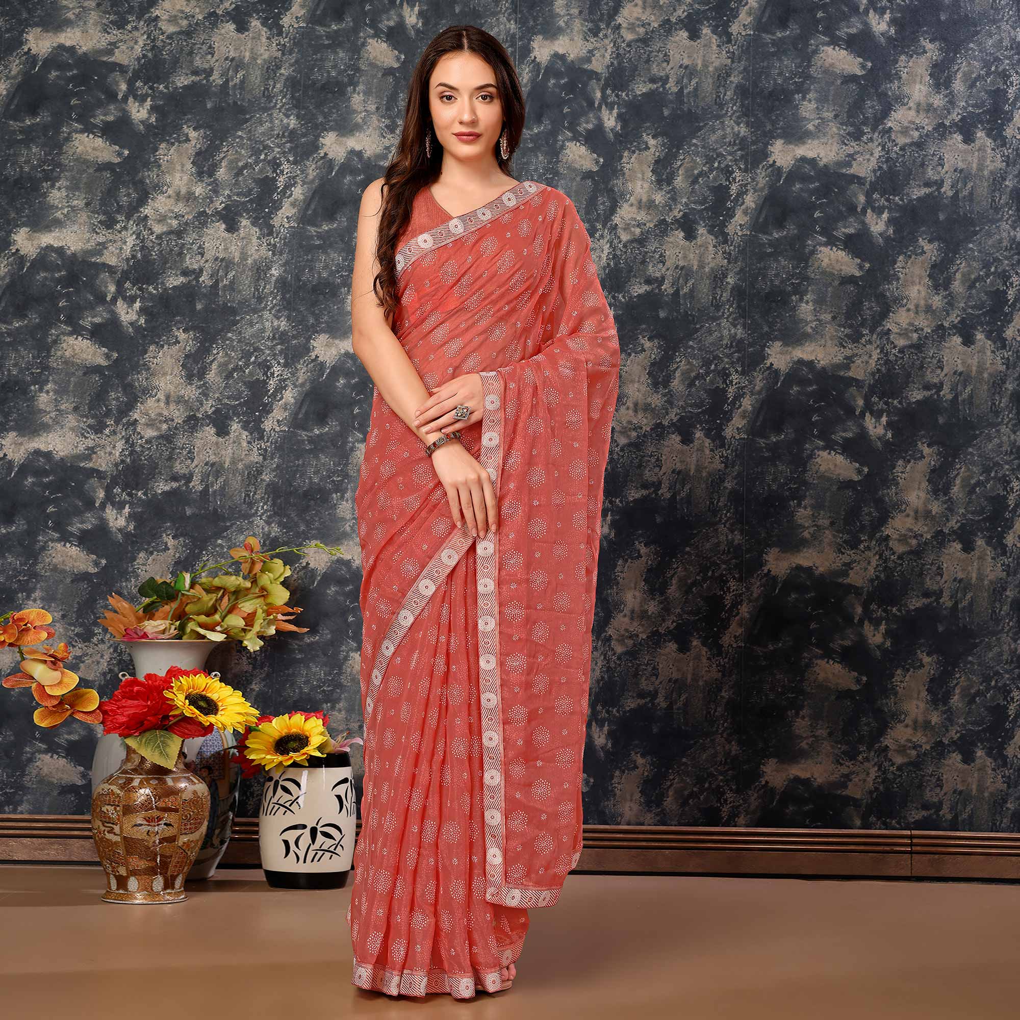 Peach Printed Chiffon Saree With Lace Border