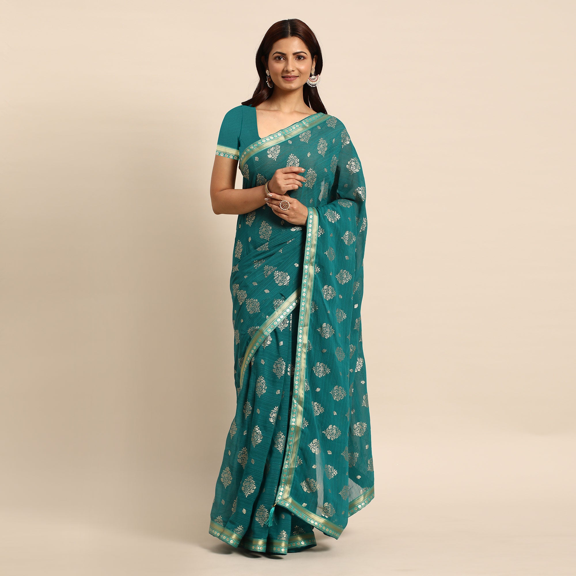 Turquoise  Floral Foil Printed Chiffon Saree With Tassels