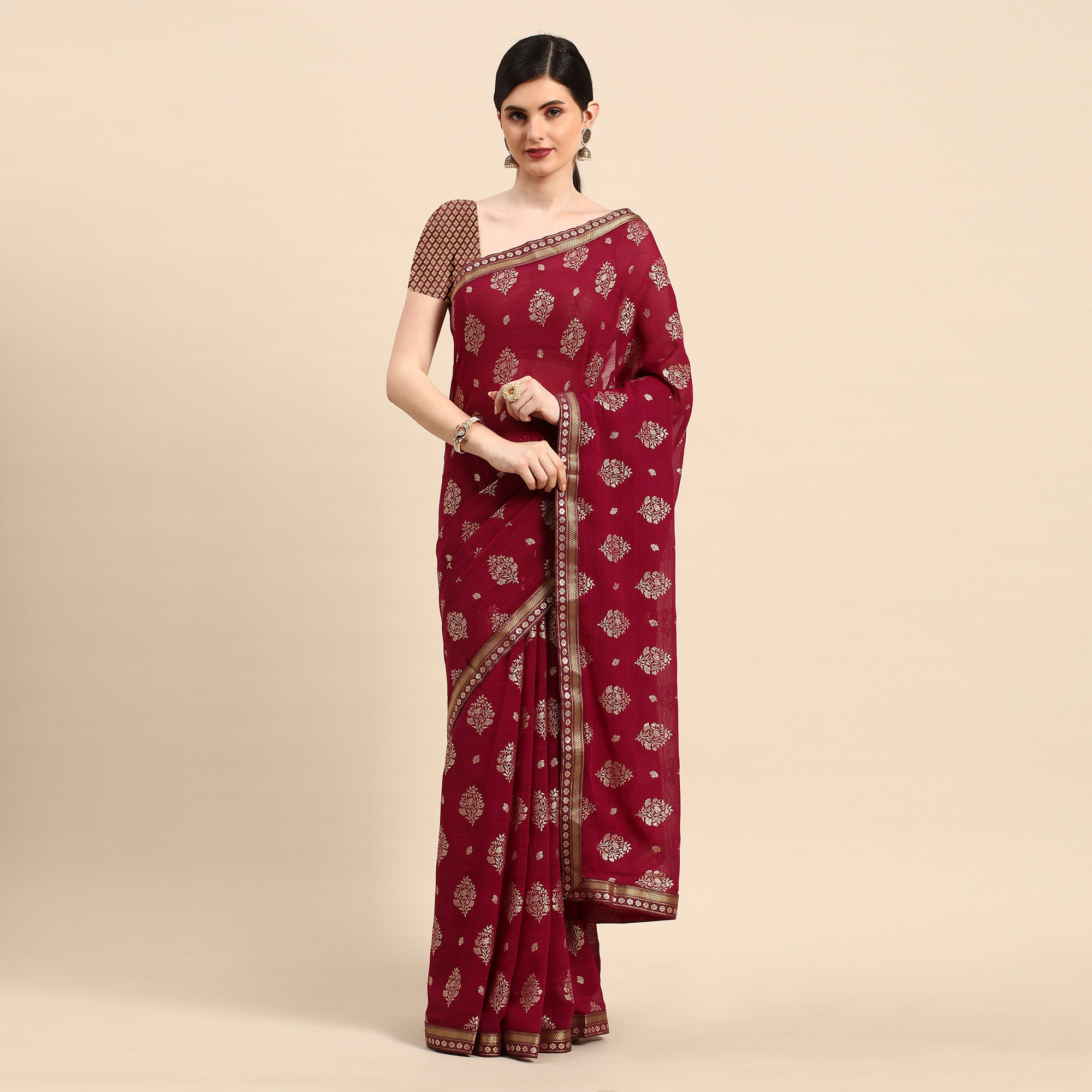 Wine Floral Foil Printed Chiffon Saree With Tassels
