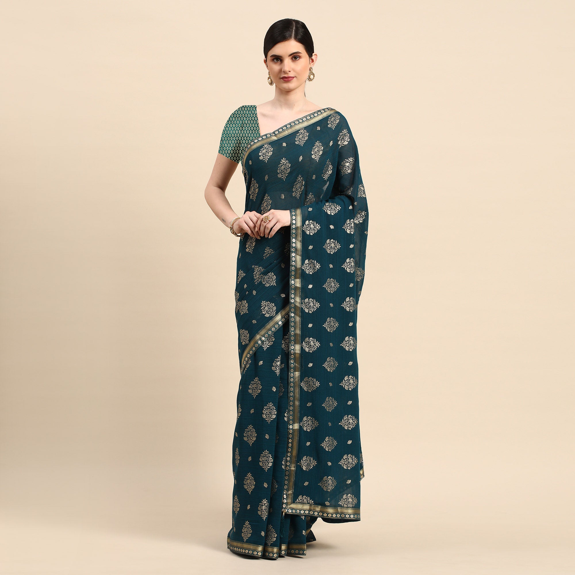 Teal Blue Floral Foil Printed Chiffon Saree With Tassels