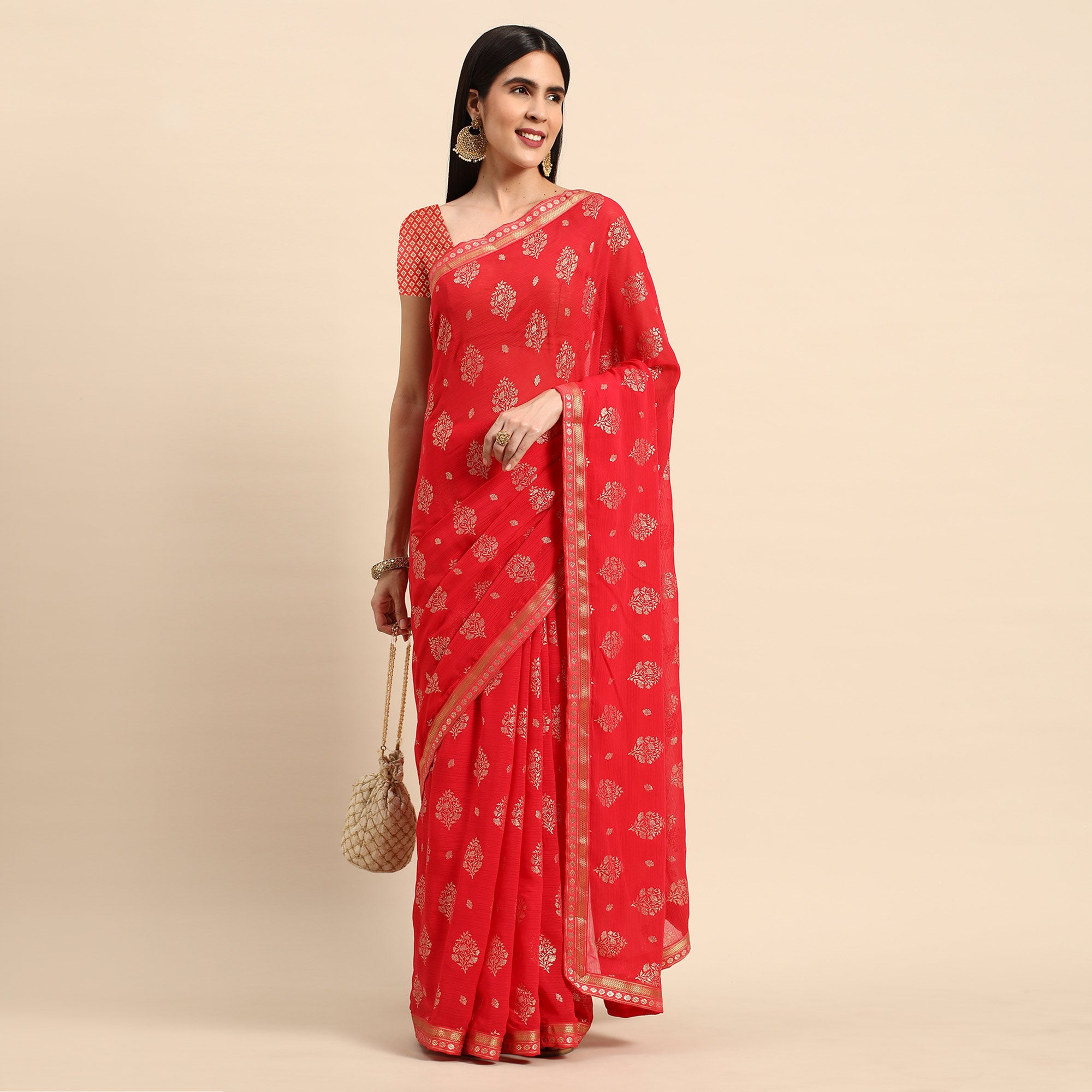Red Floral Foil Printed Chiffon Saree With Tassels