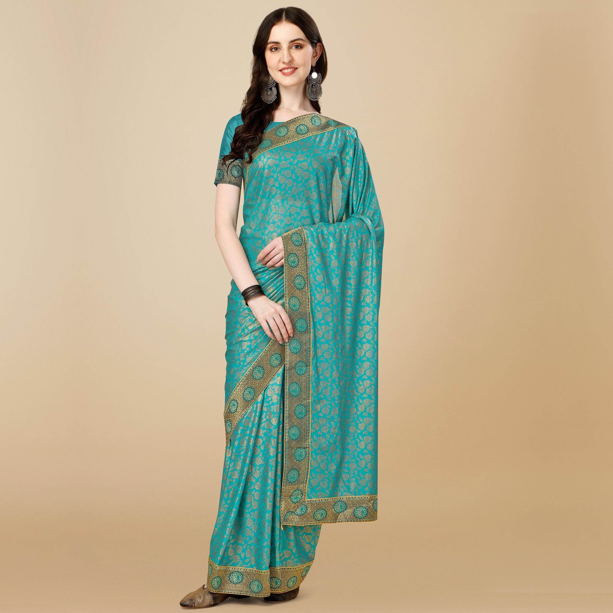 Teal Blue Floral Handloom Woven Rayon Saree