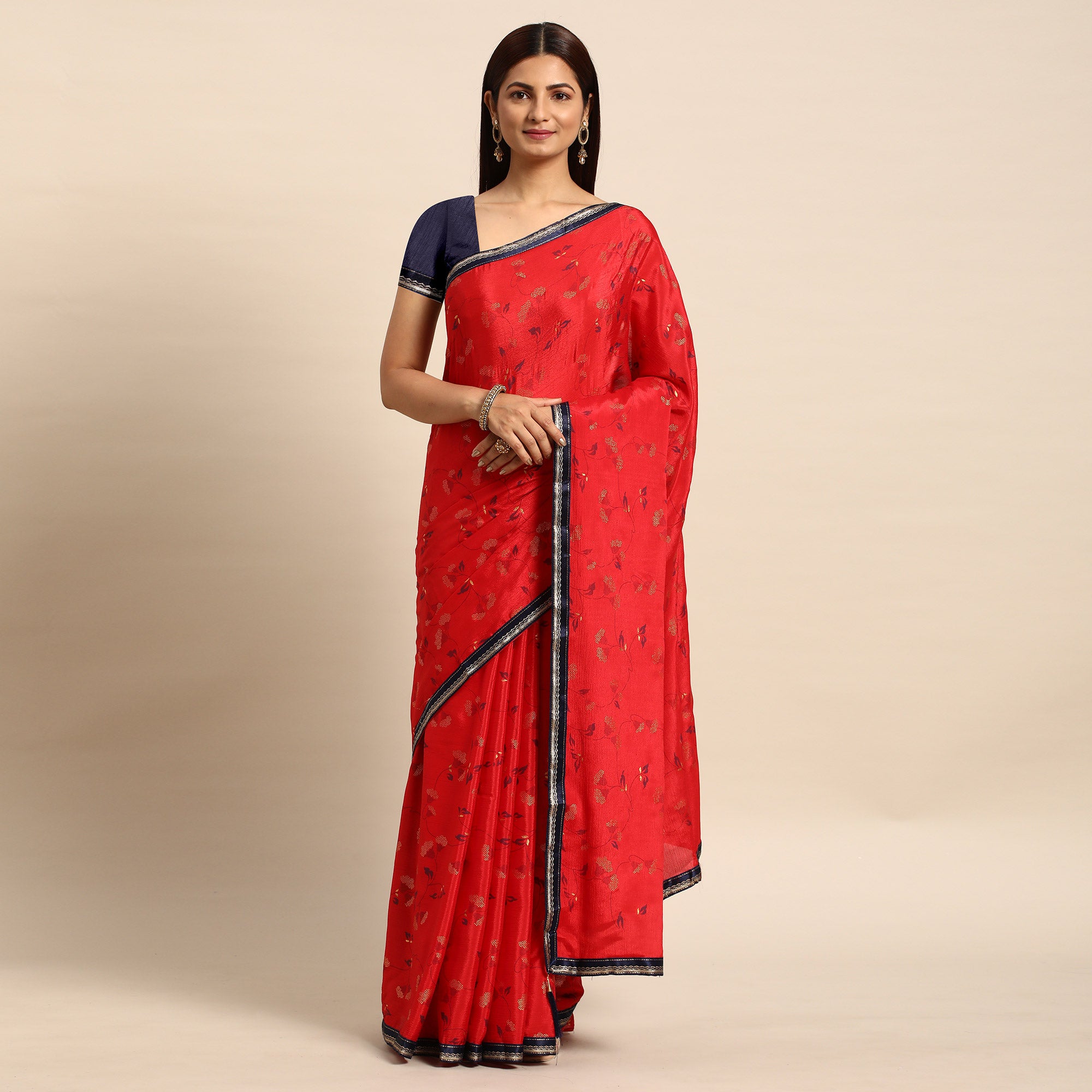 Red Foil Printed Chiffon Saree