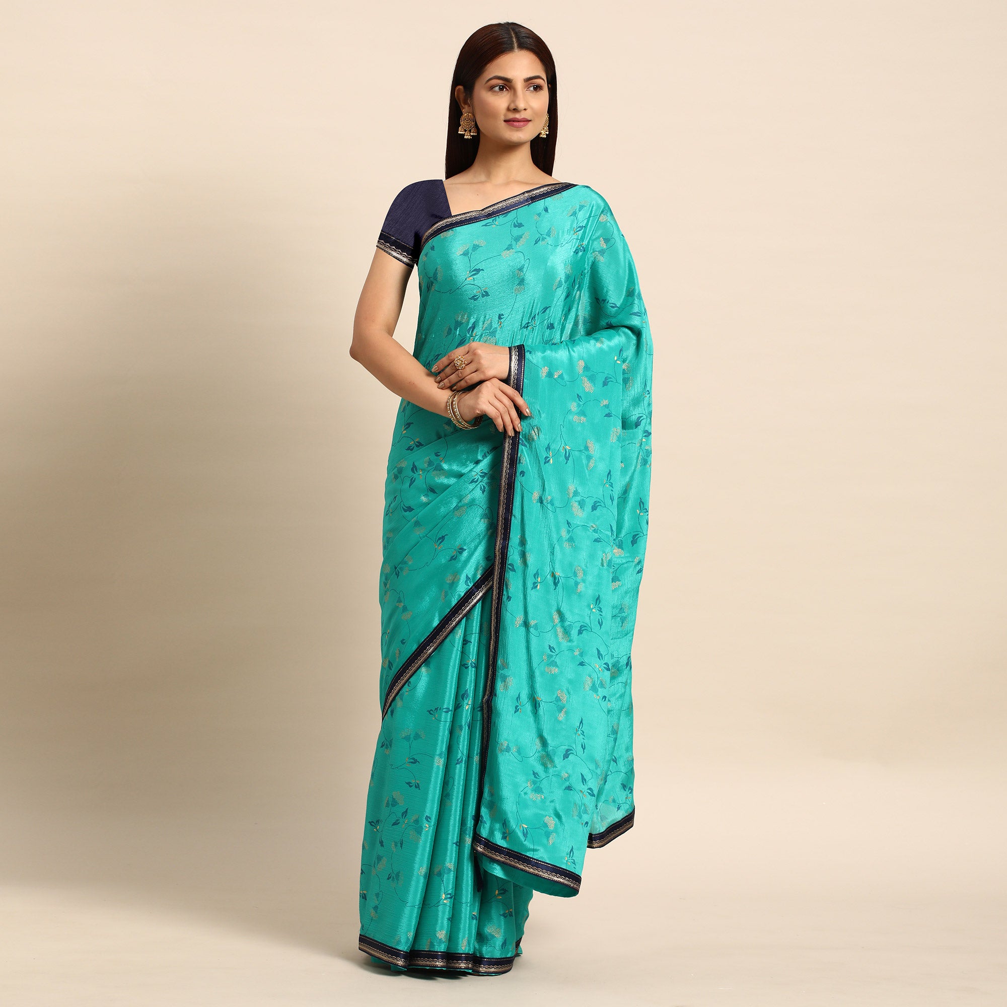 Rama Blue Foil Printed Chiffon Saree