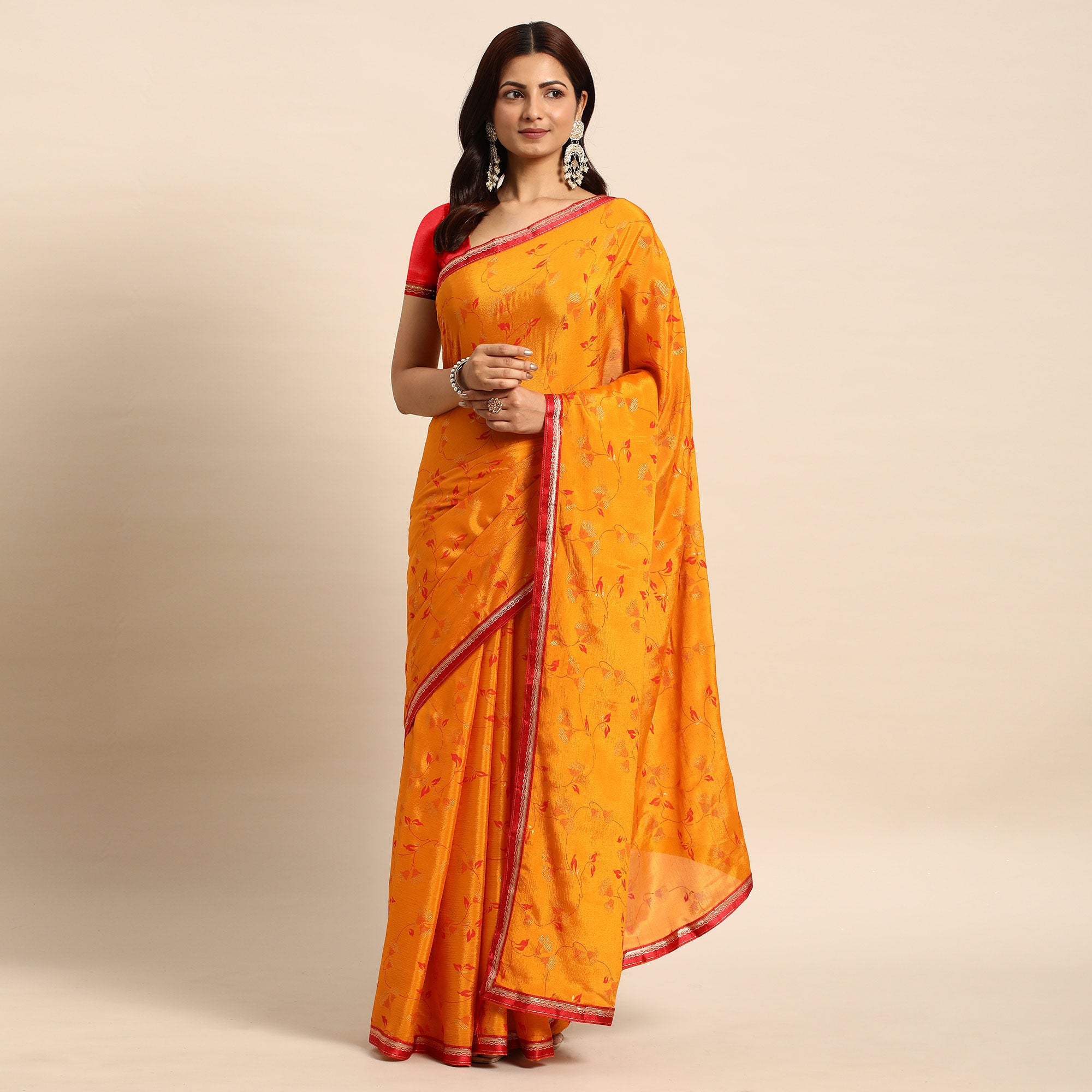 Orange Foil Printed Chiffon Saree