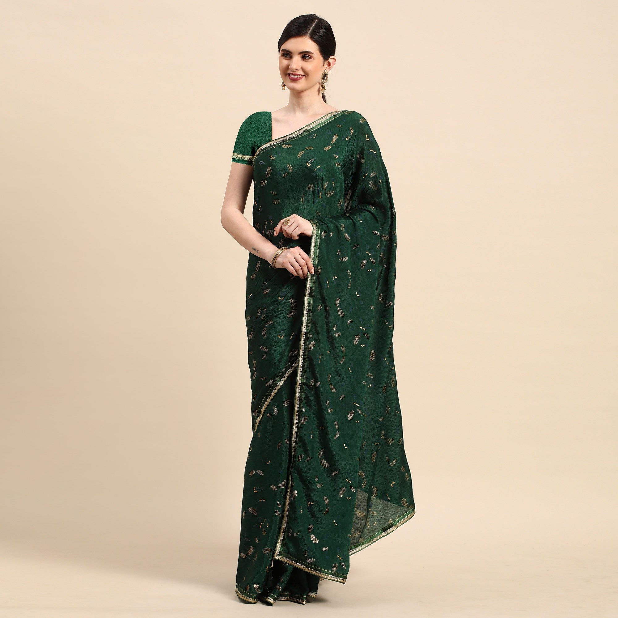 Green Foil Printed Chiffon Saree