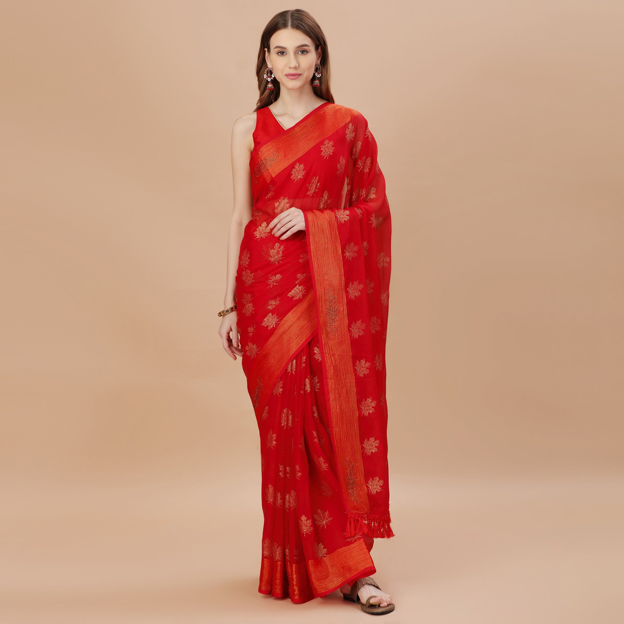Red Zari Work Chiffon Saree With Tassels