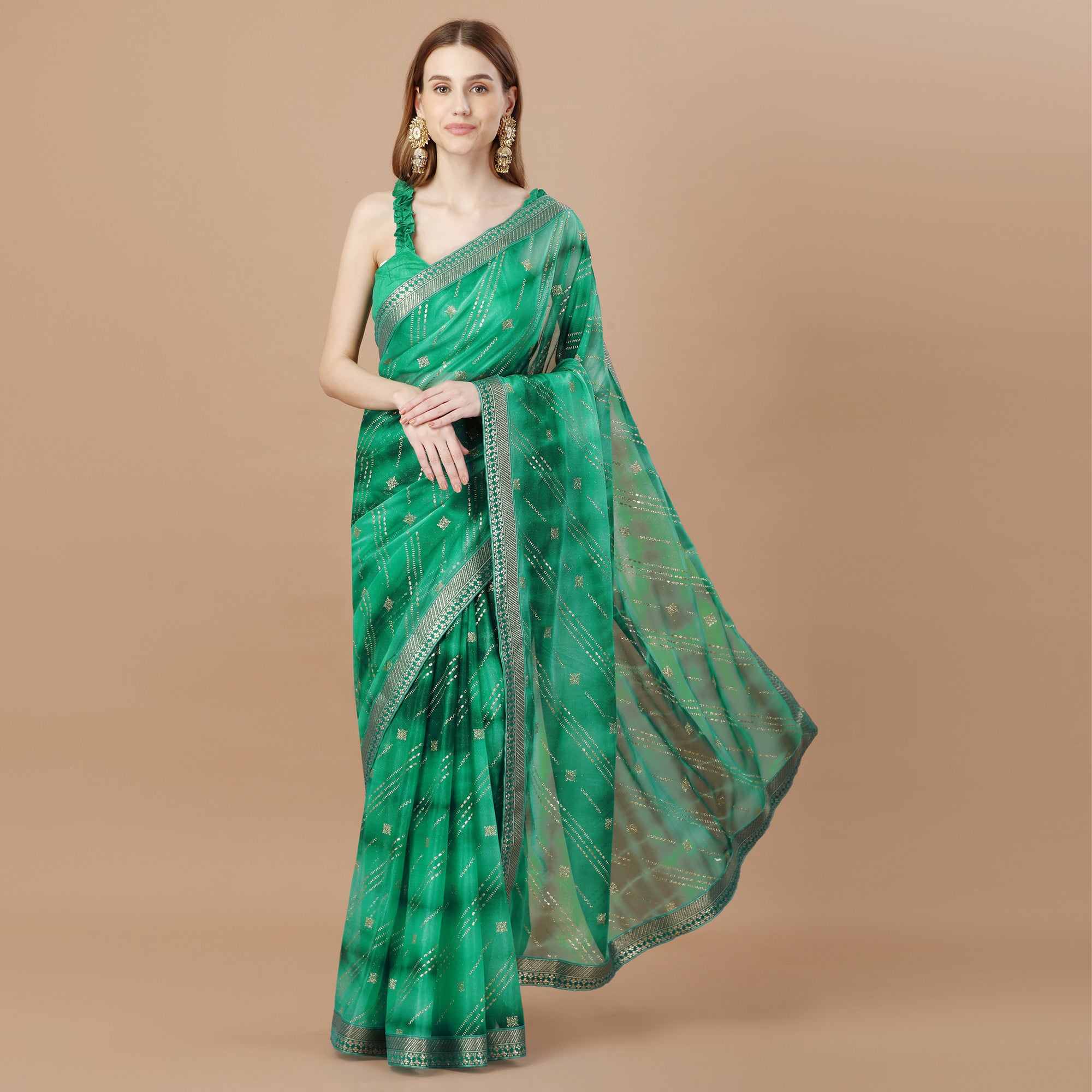 Green Zari Work Chiffon Saree Lace Border