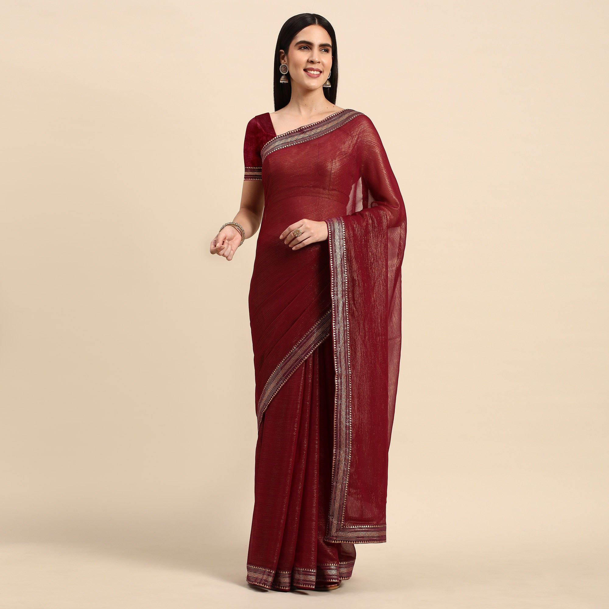 Wine Solid With Woven Border Chiffon Saree With Tassels