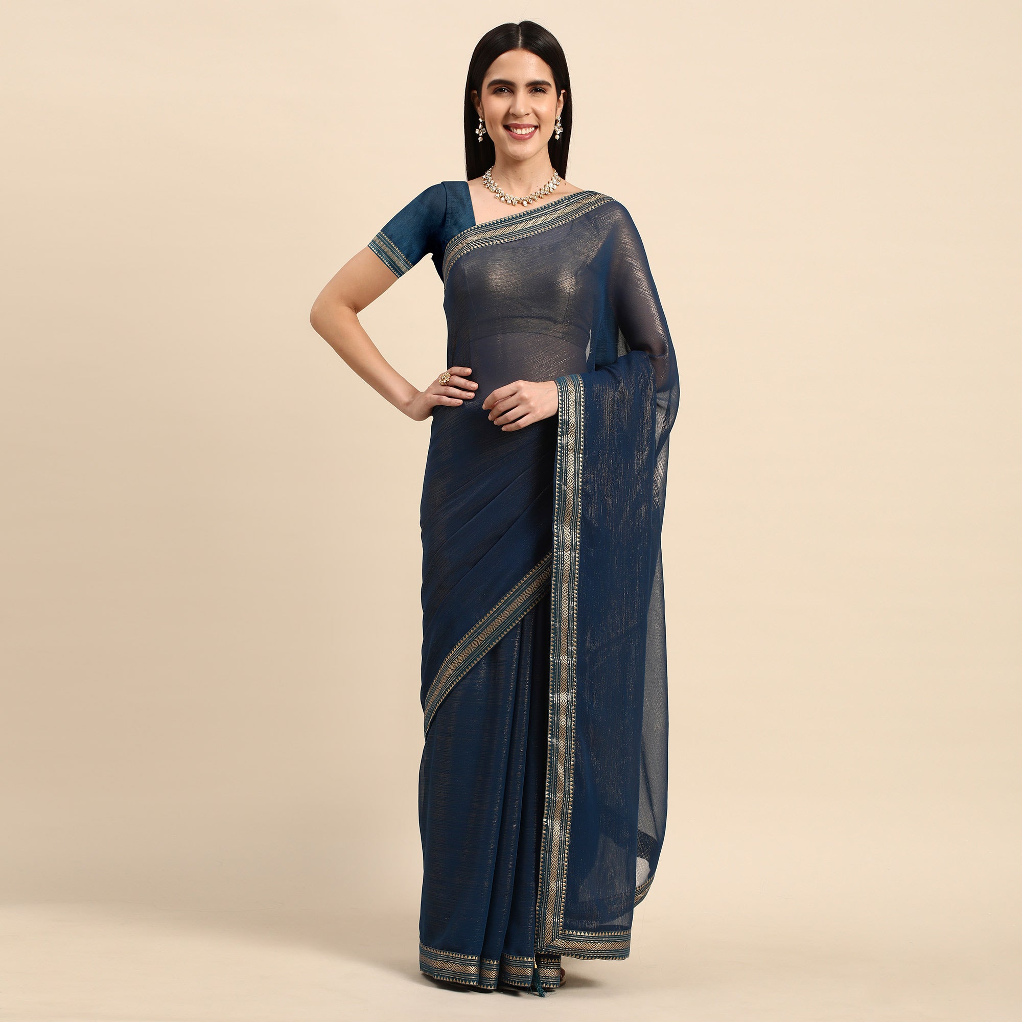 Blue Solid With Woven Border Chiffon Saree With Tassels