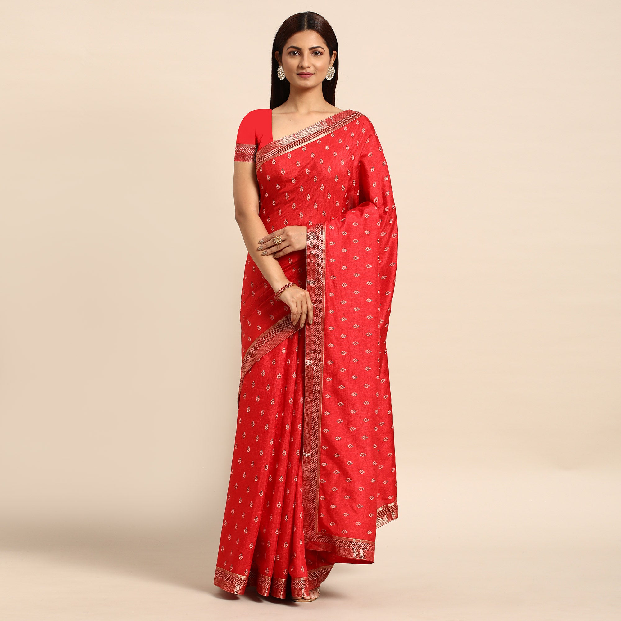 Red Floral Printed Vichitra Silk Saree With Tassels