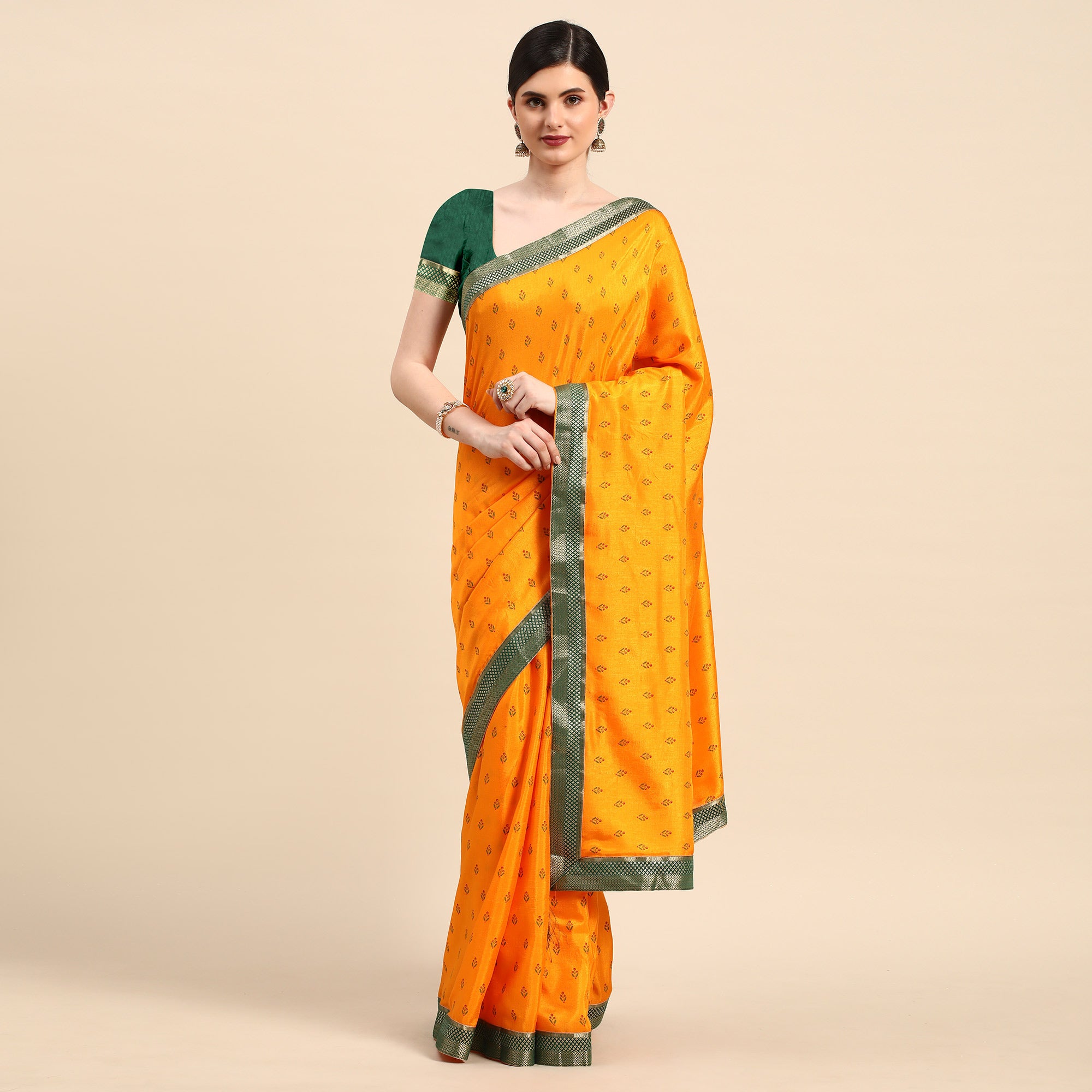 Yellow Floral Printed Vichitra Silk Saree With Tassels