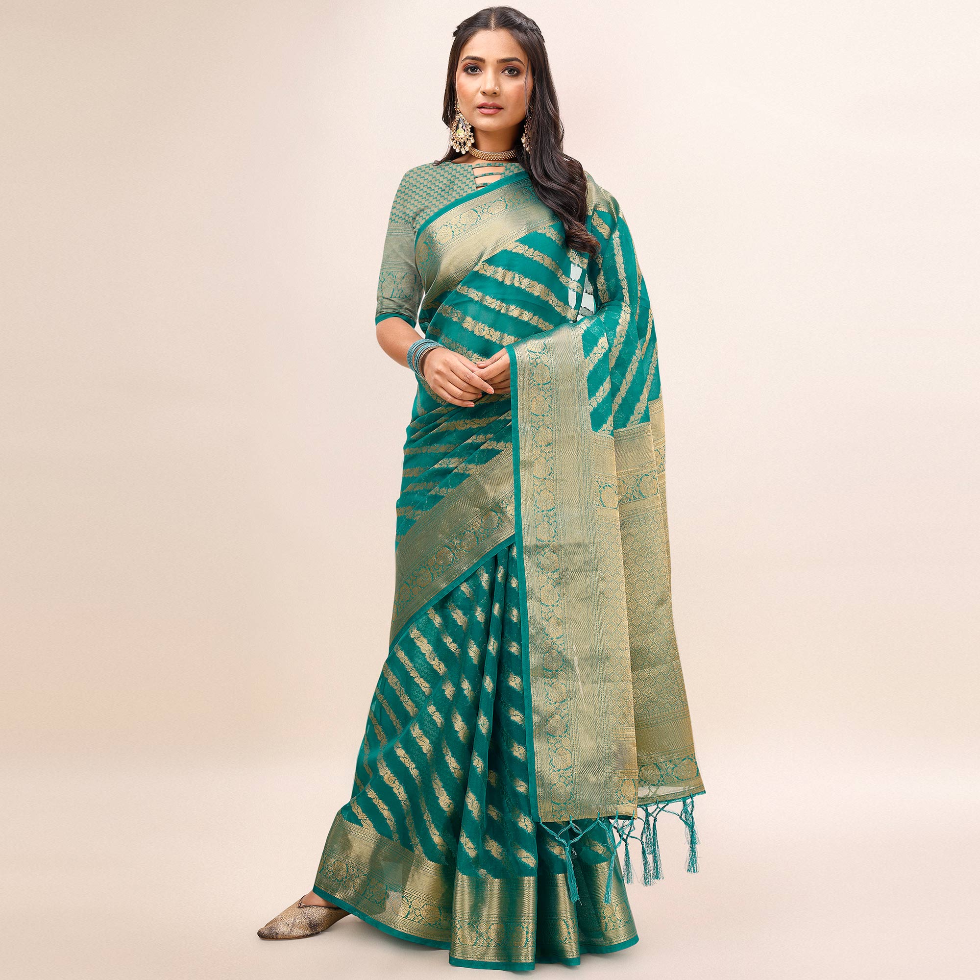 Rama Green Woven Organza Saree With Tassels