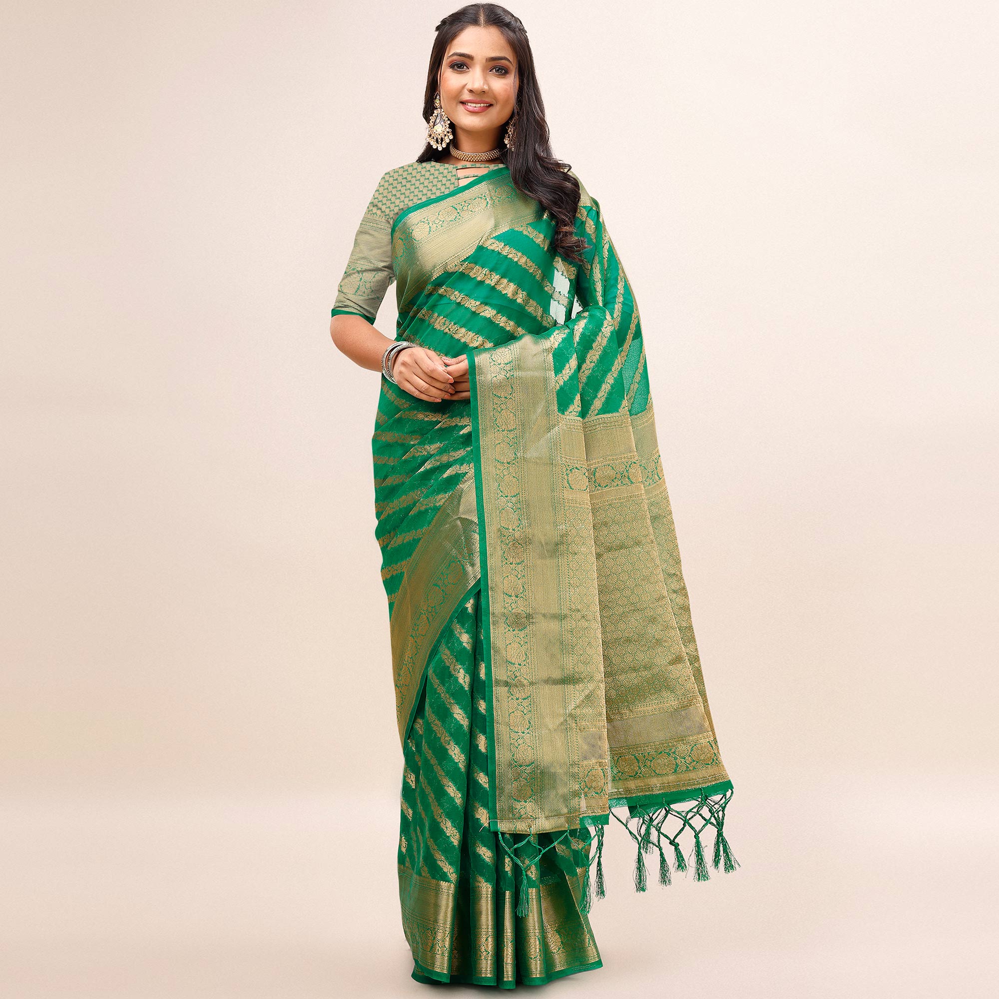 Green Woven Organza Saree With Tassels