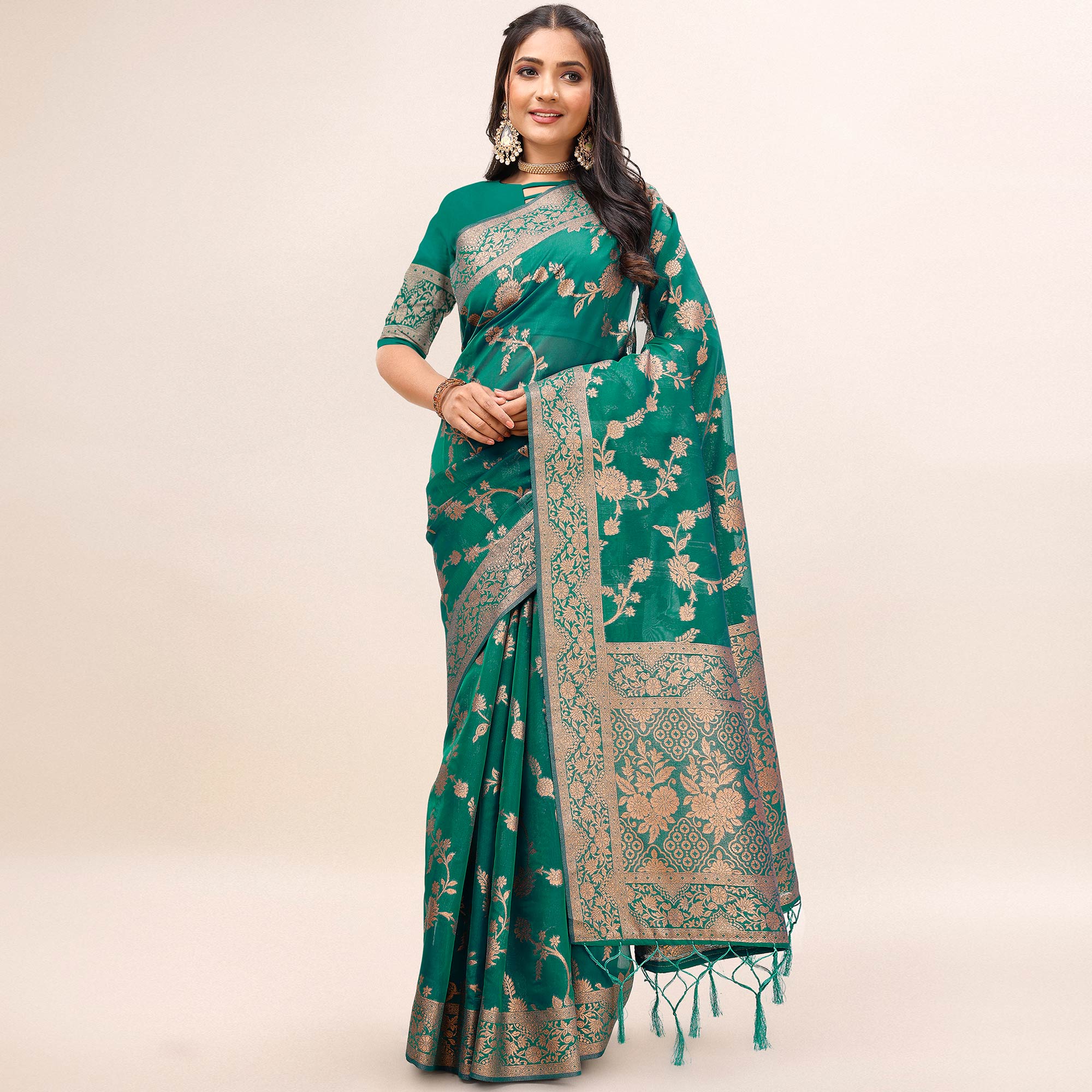 Green Woven Organza Saree With Tassels