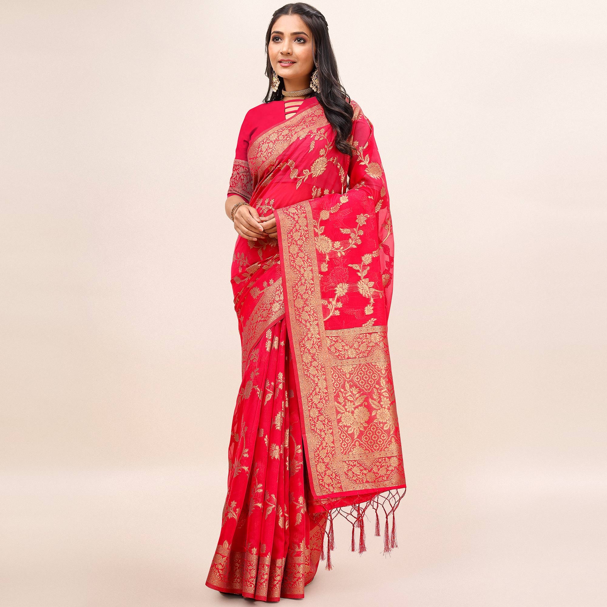 Pink Woven Organza Saree With Tassels