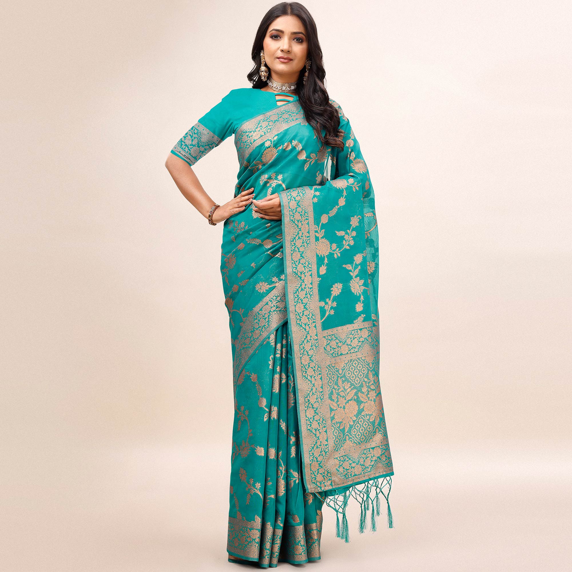 Rama Green Woven Organza Saree With Tassels