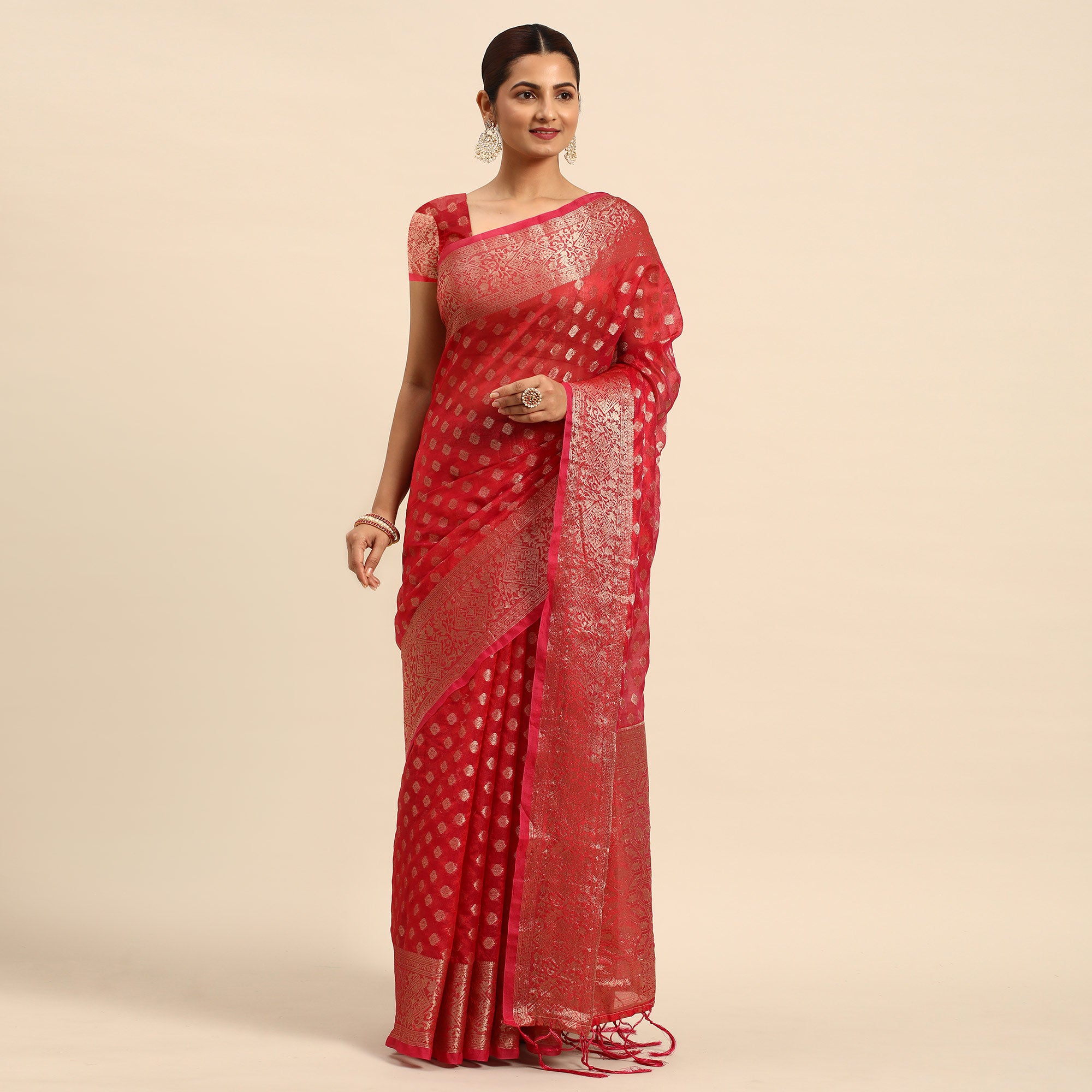 Red Woven Organza Silk Saree With Tassels