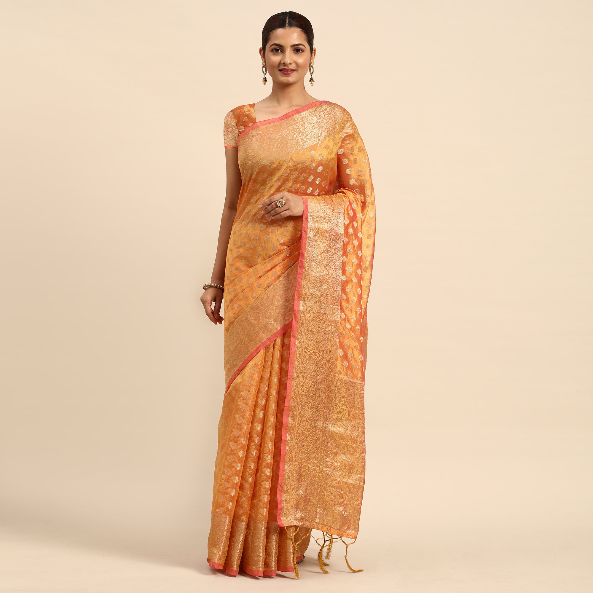 Mustard Woven Organza Silk Saree With Tassels