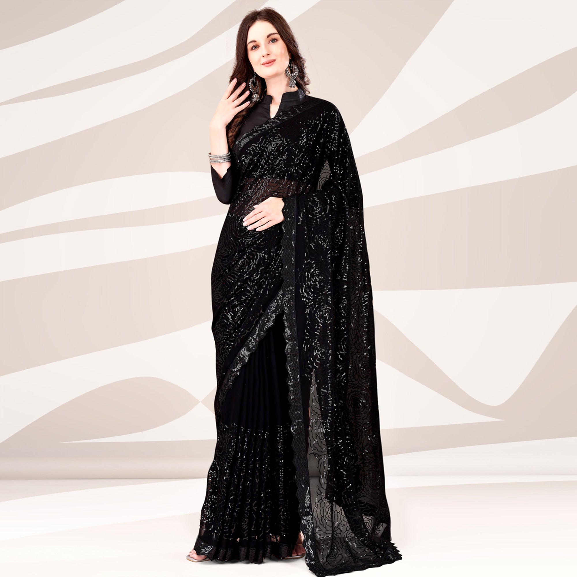 Black Sequin Embroidered Georgette Saree