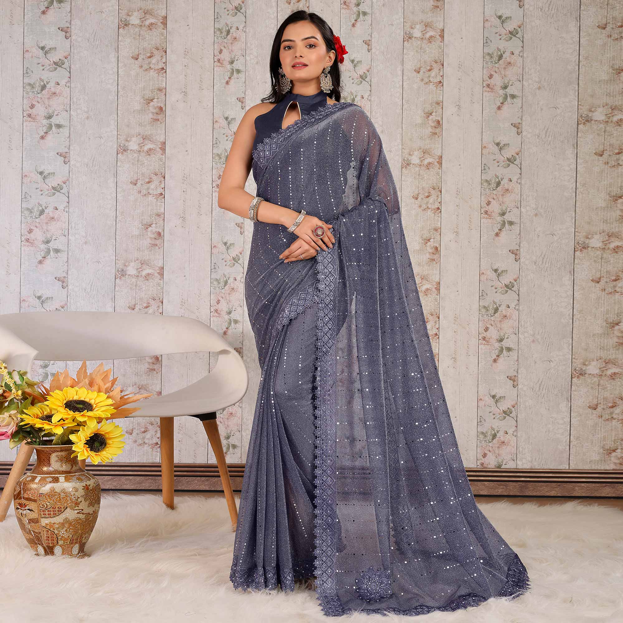 Blue Tikali With Floral Embroidered Lycra Saree