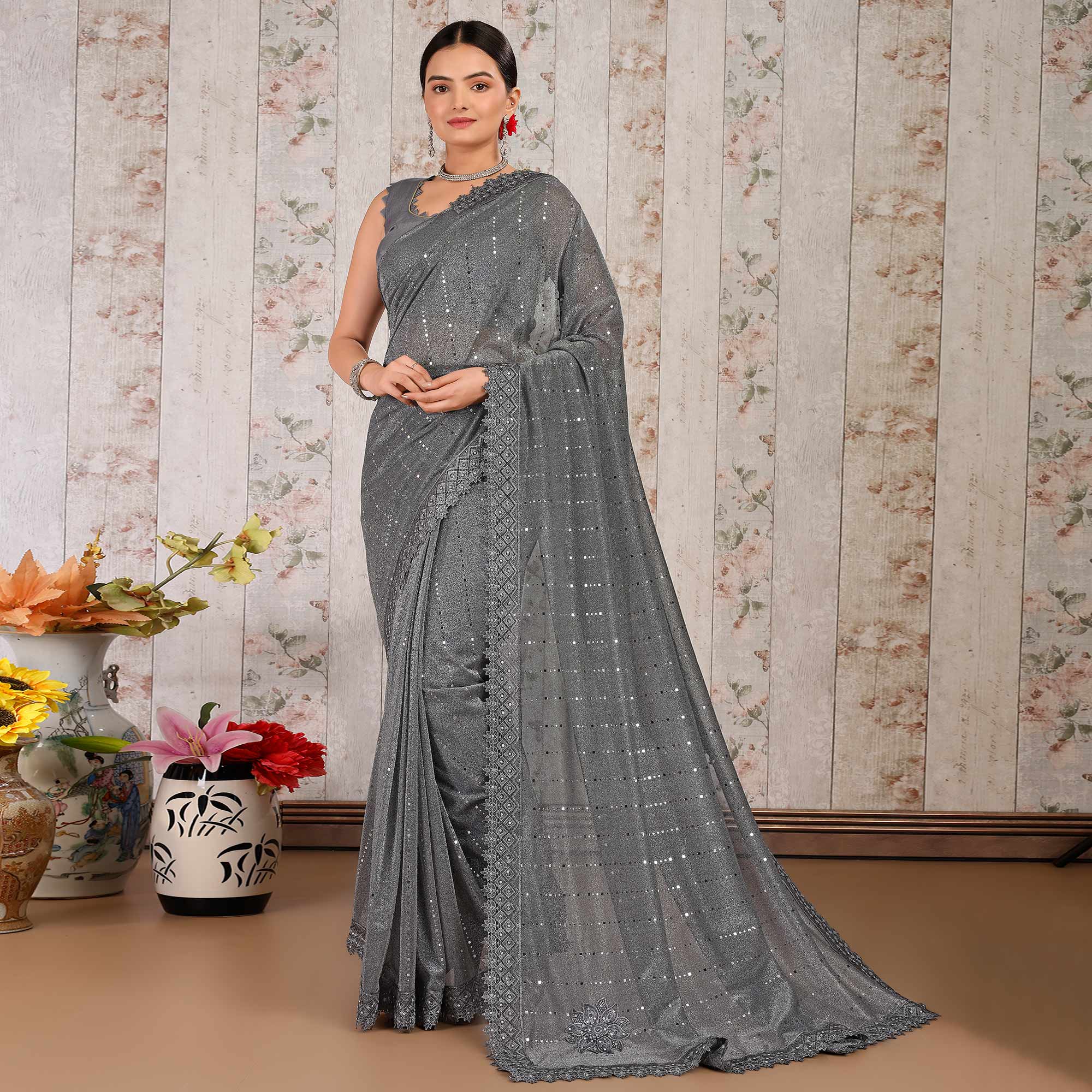 Grey Tikali With Floral Embroidered Lycra Saree