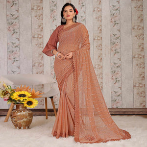 Dusty Peach Tikali With Floral Embroidered Lycra Saree