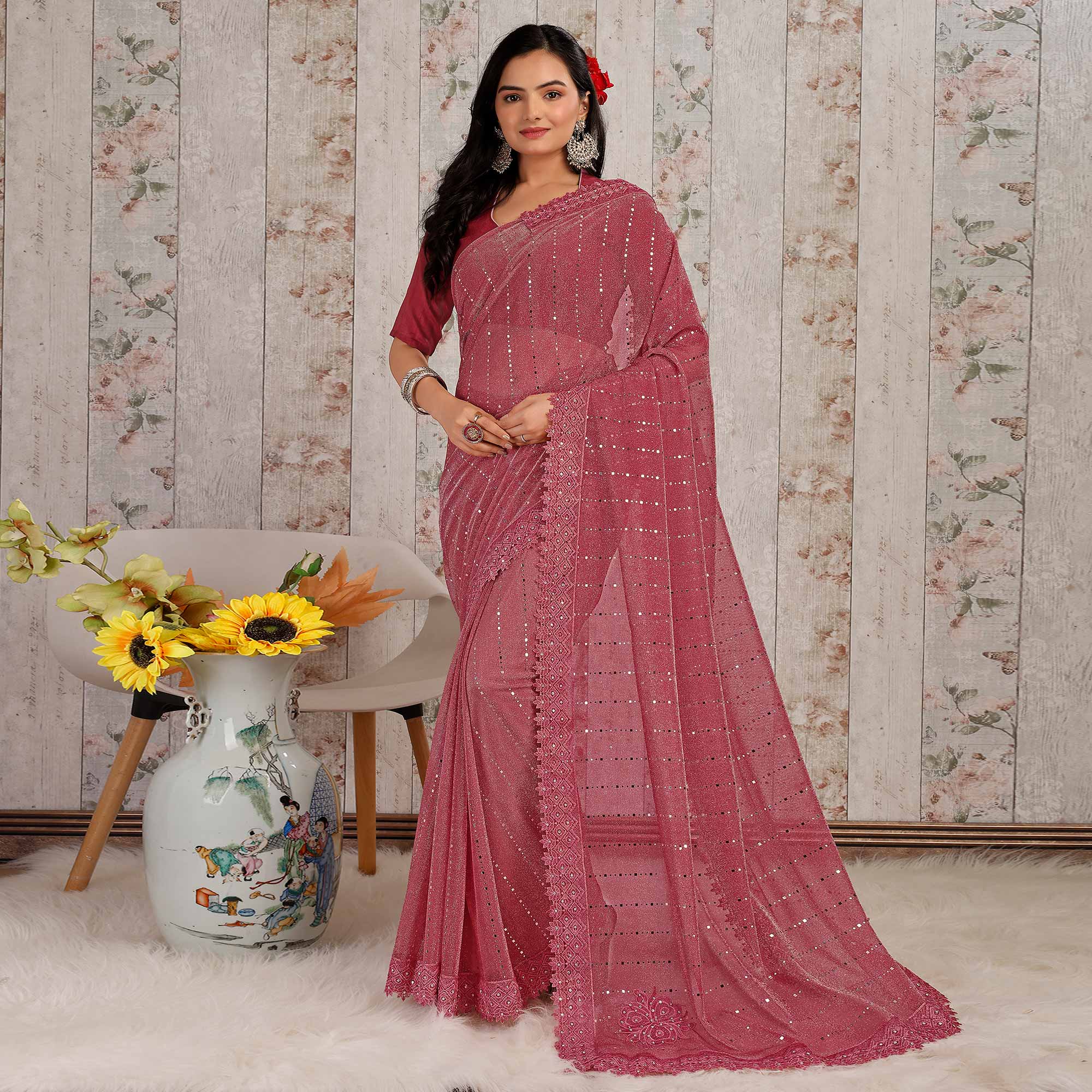 Gajari Pink Tikali With Floral Embroidered Lycra Saree