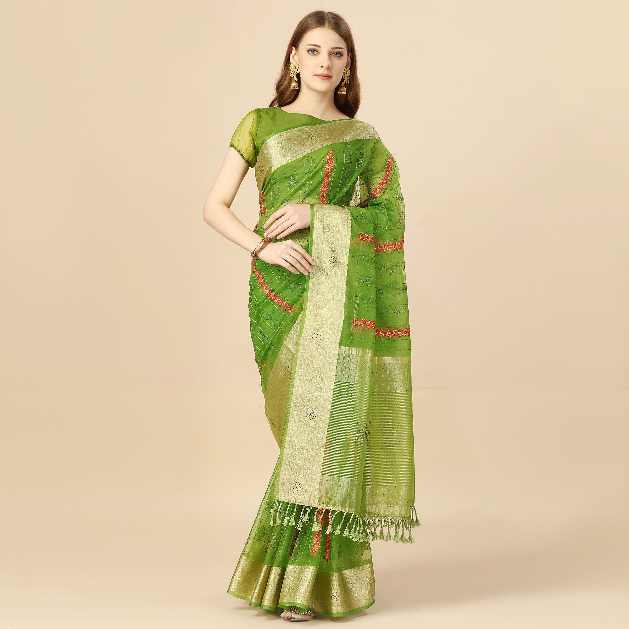 Green Floral Embroidery With Swarovski Work Organza Saree