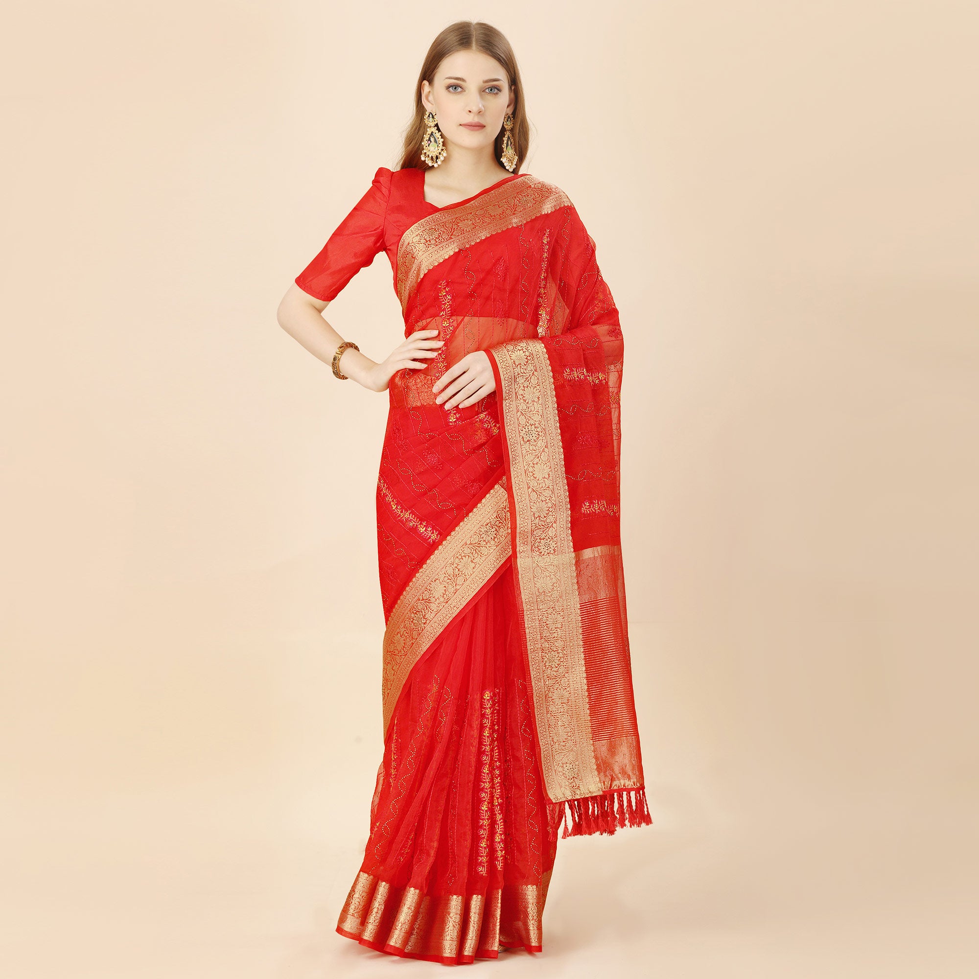 Red Floral Embroidery With Swarovski Work Organza Saree