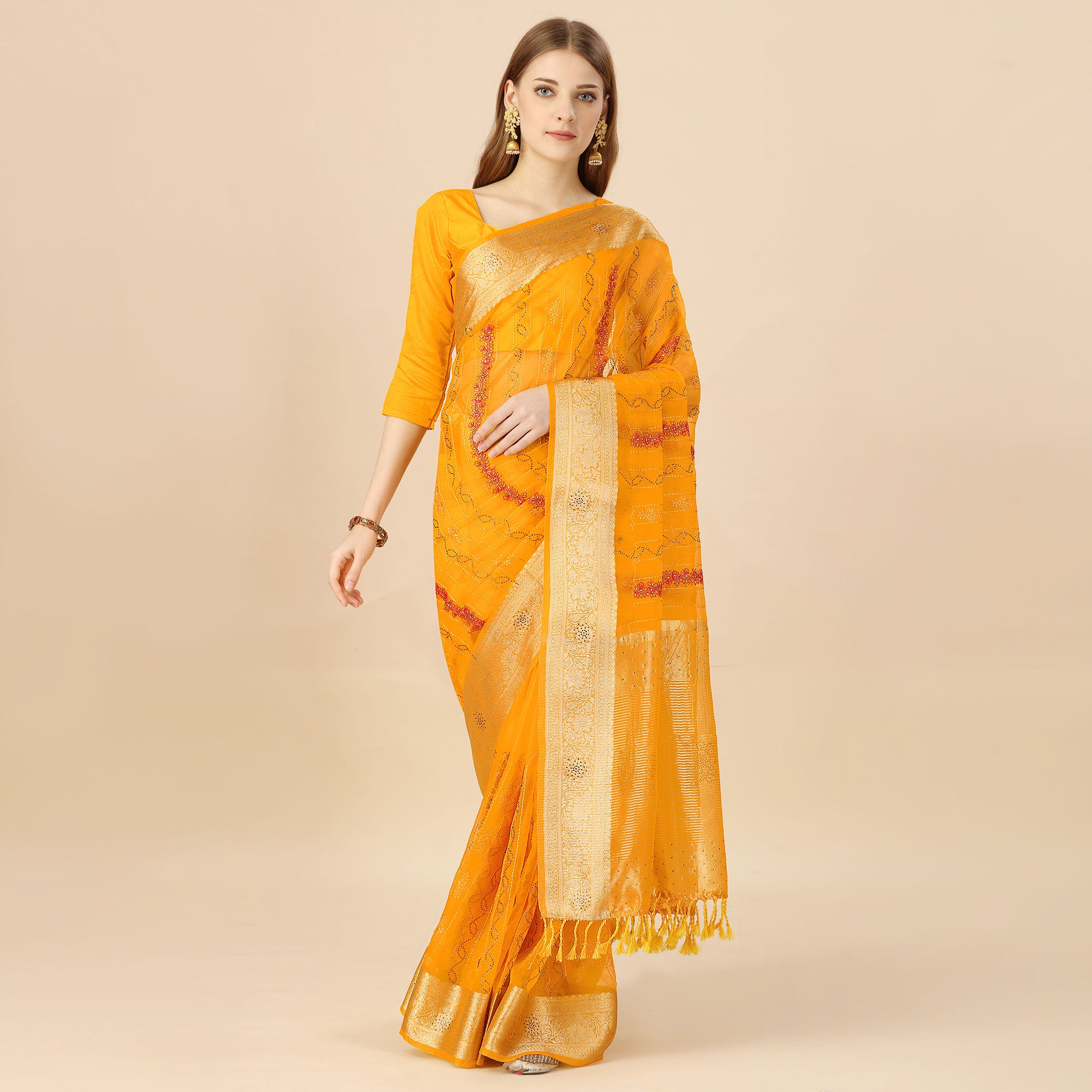 Yellow Floral Embroidery With Swarovski Work Organza Saree