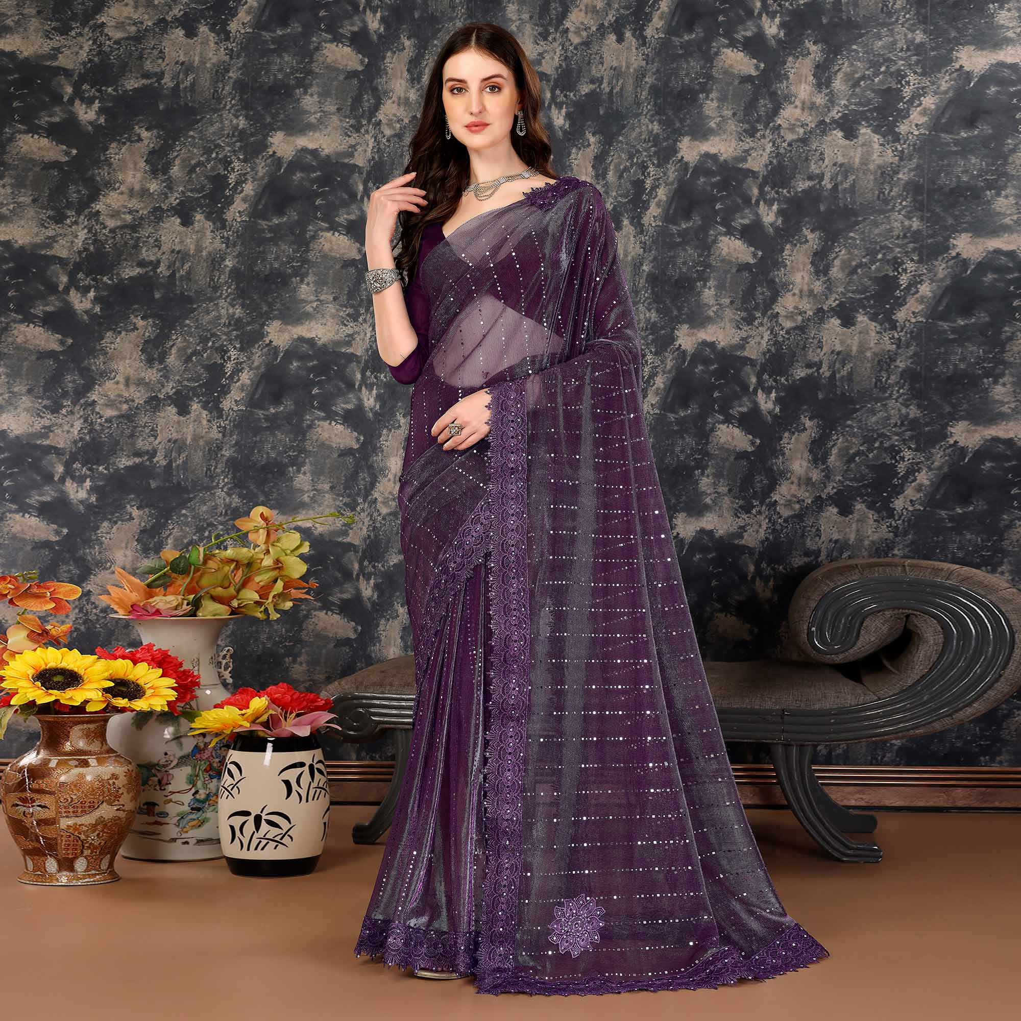 Purple Tikali Work Lycra Saree With Embroidered Lace Border