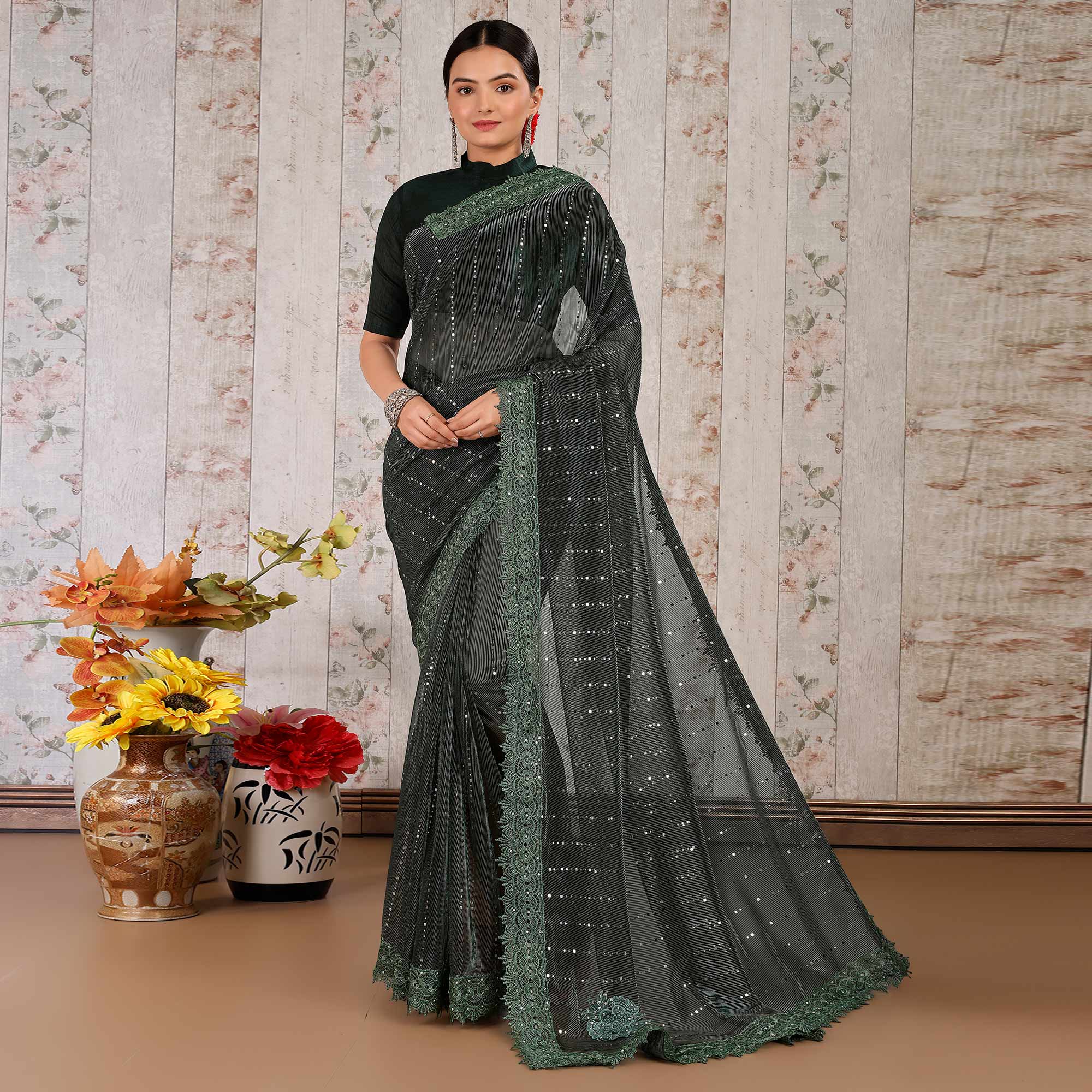 Green Tikali Work Lycra Saree With Embroidered Lace Border