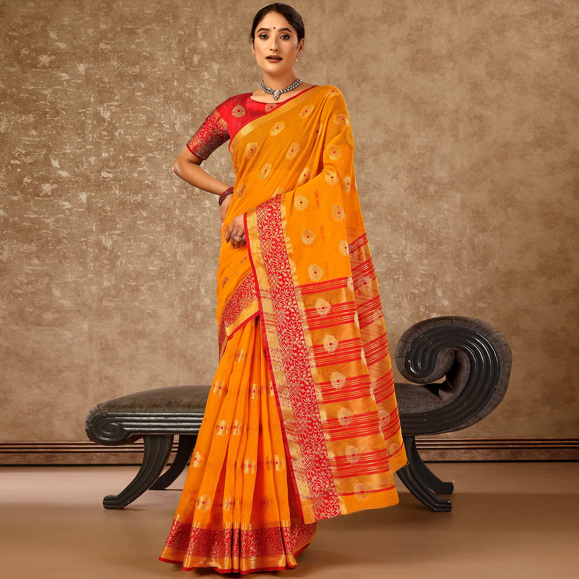 Mustard Floral Zari Woven Cotton Silk Saree