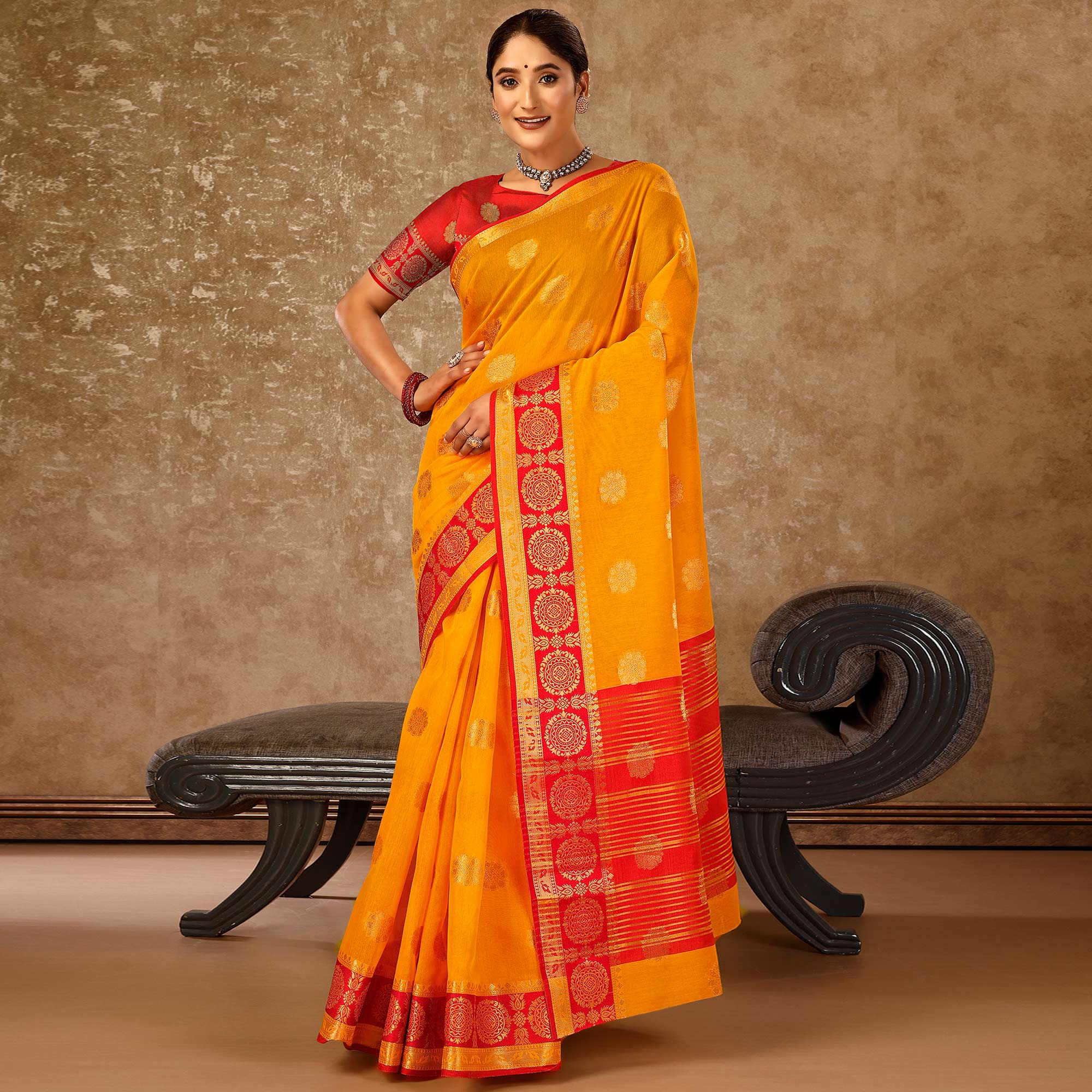Mustard Floral Zari Woven Cotton Silk Saree