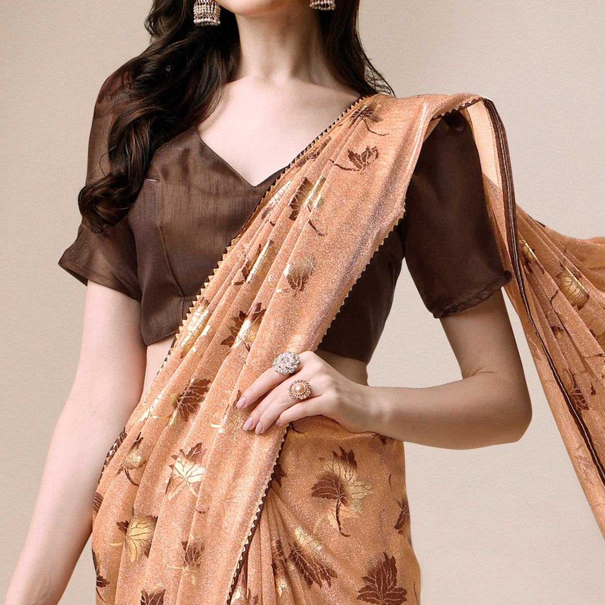 Peach Floral Foil Printed Rayon Saree