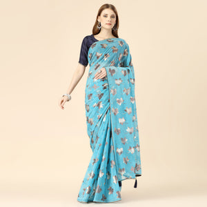 Blue Floral Foil Printed Rayon Saree