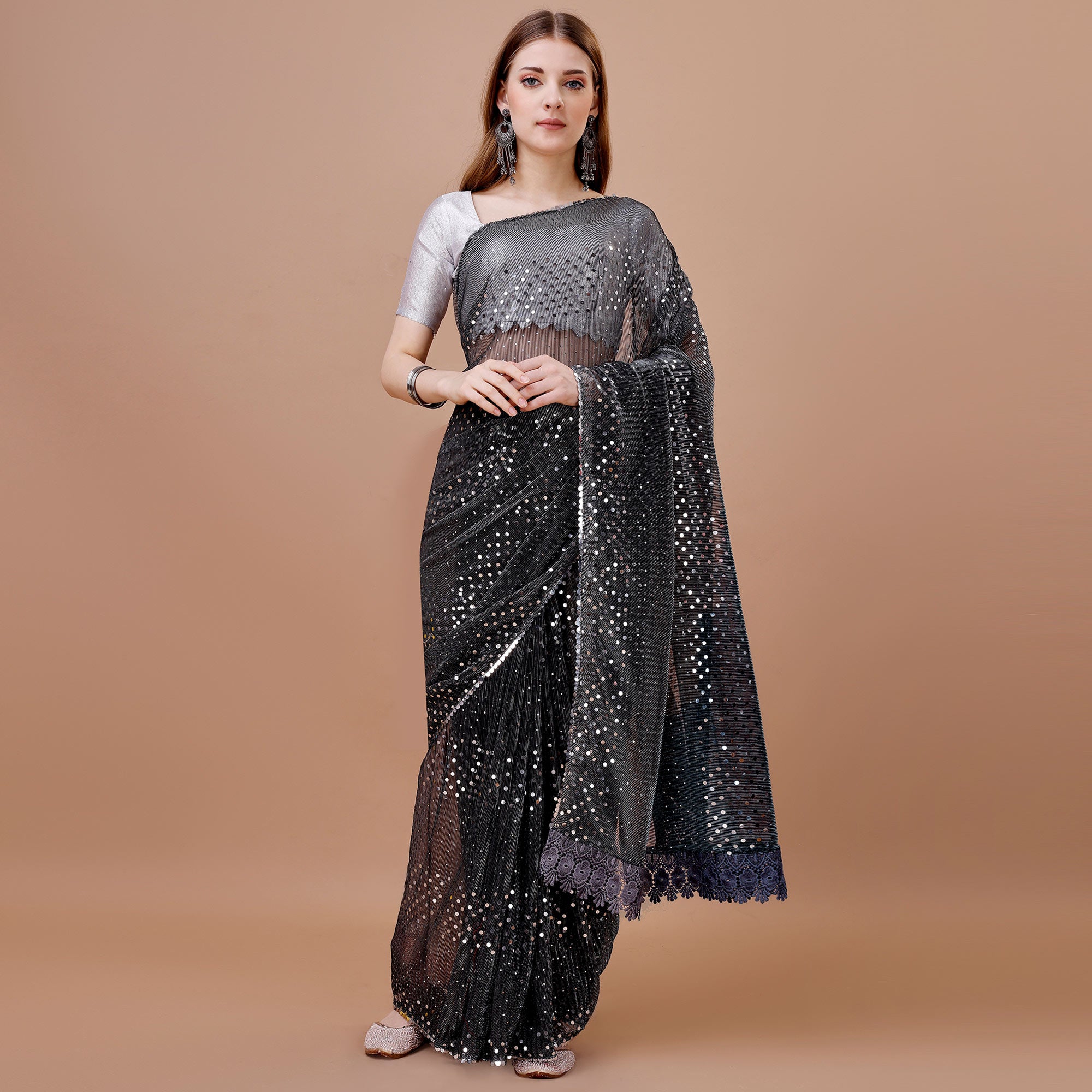 Black Sequins Embroidered Lycra Saree
