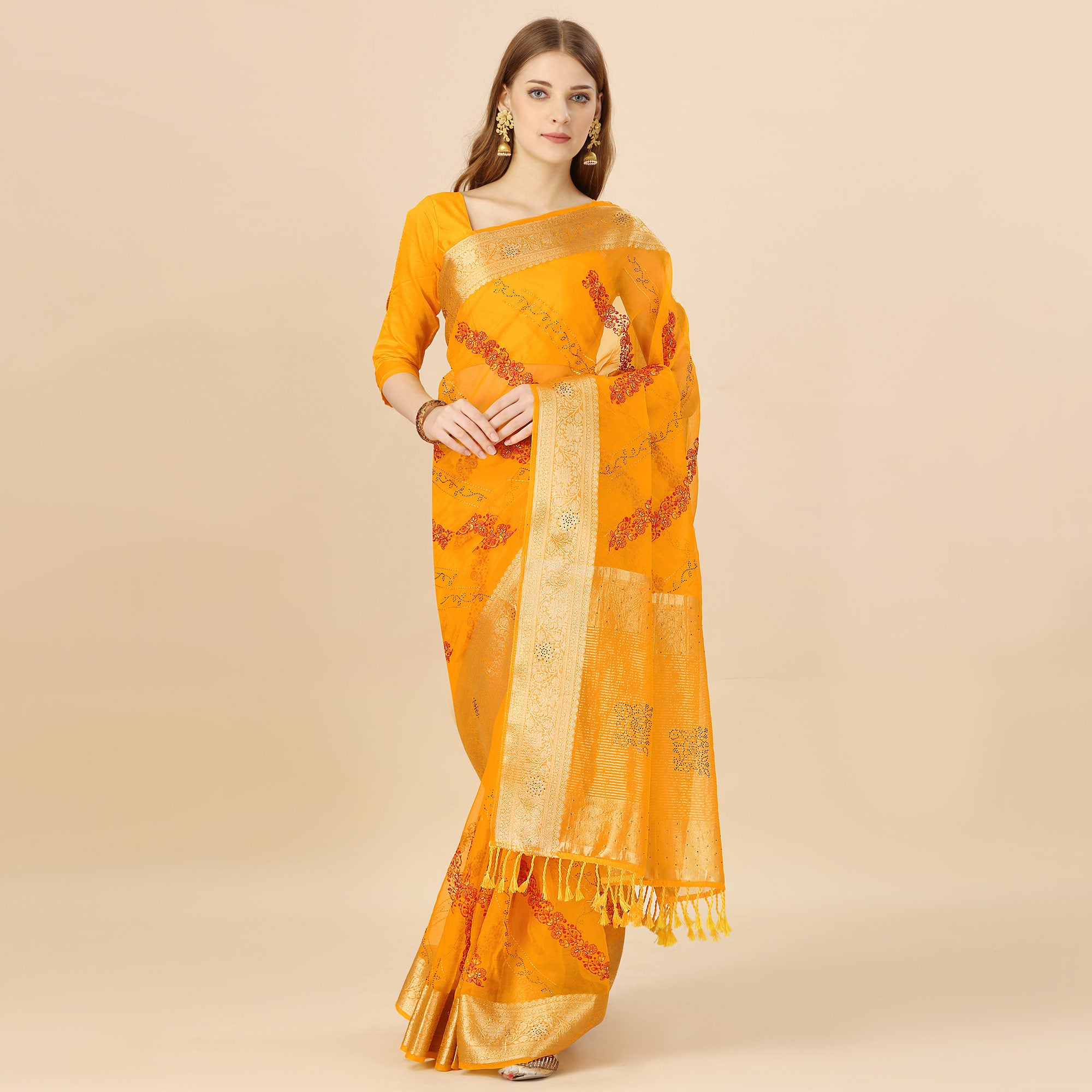Yellow Floral Embroidery With Swarovski Work Organza Saree