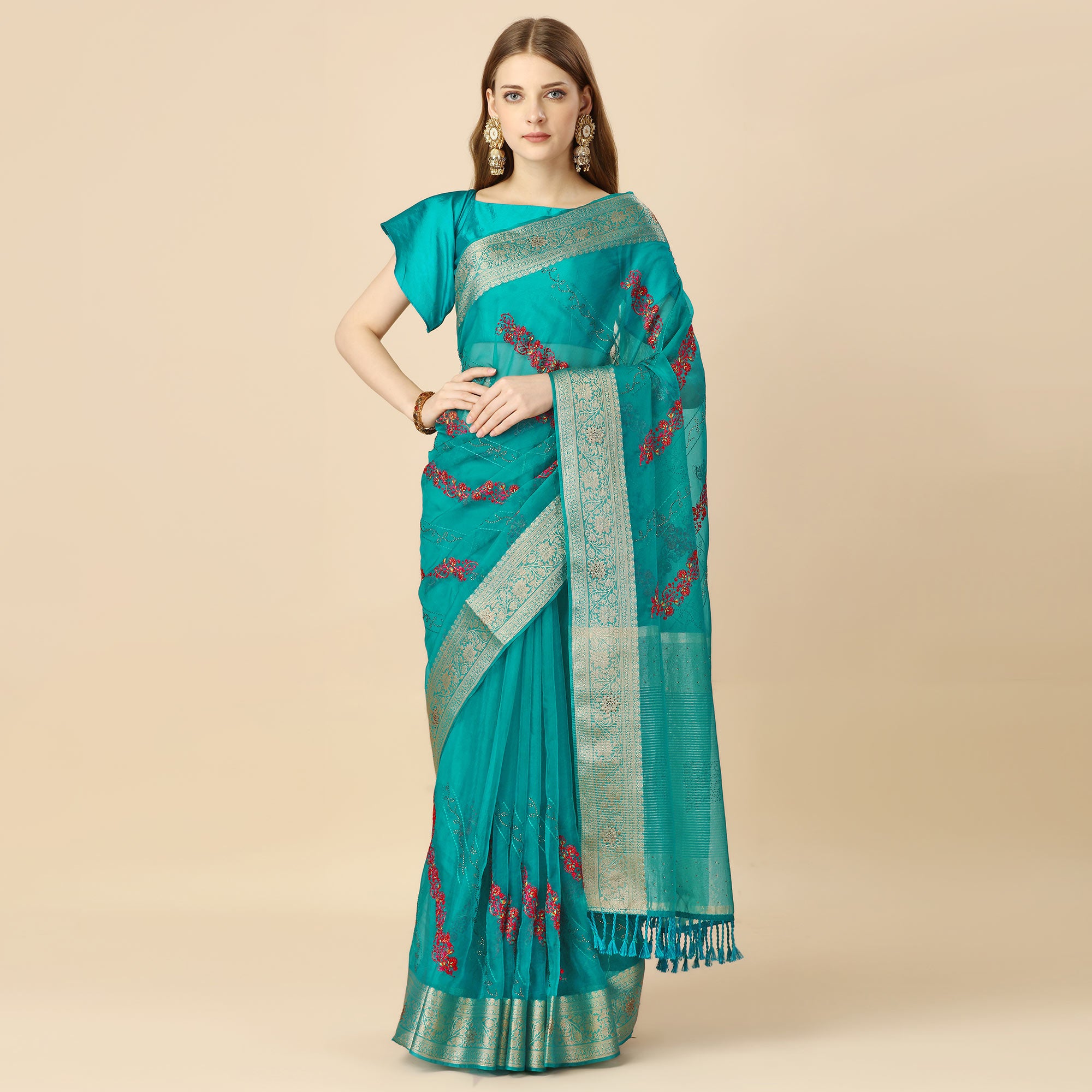 Rama Blue Floral Embroidery With Swarovski Work Organza Saree