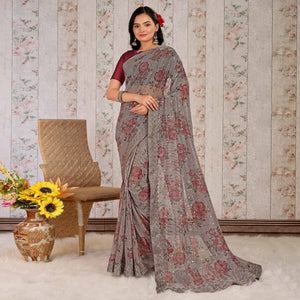 Grey Floral Digital Printed Lycra Saree With Embroidered Border