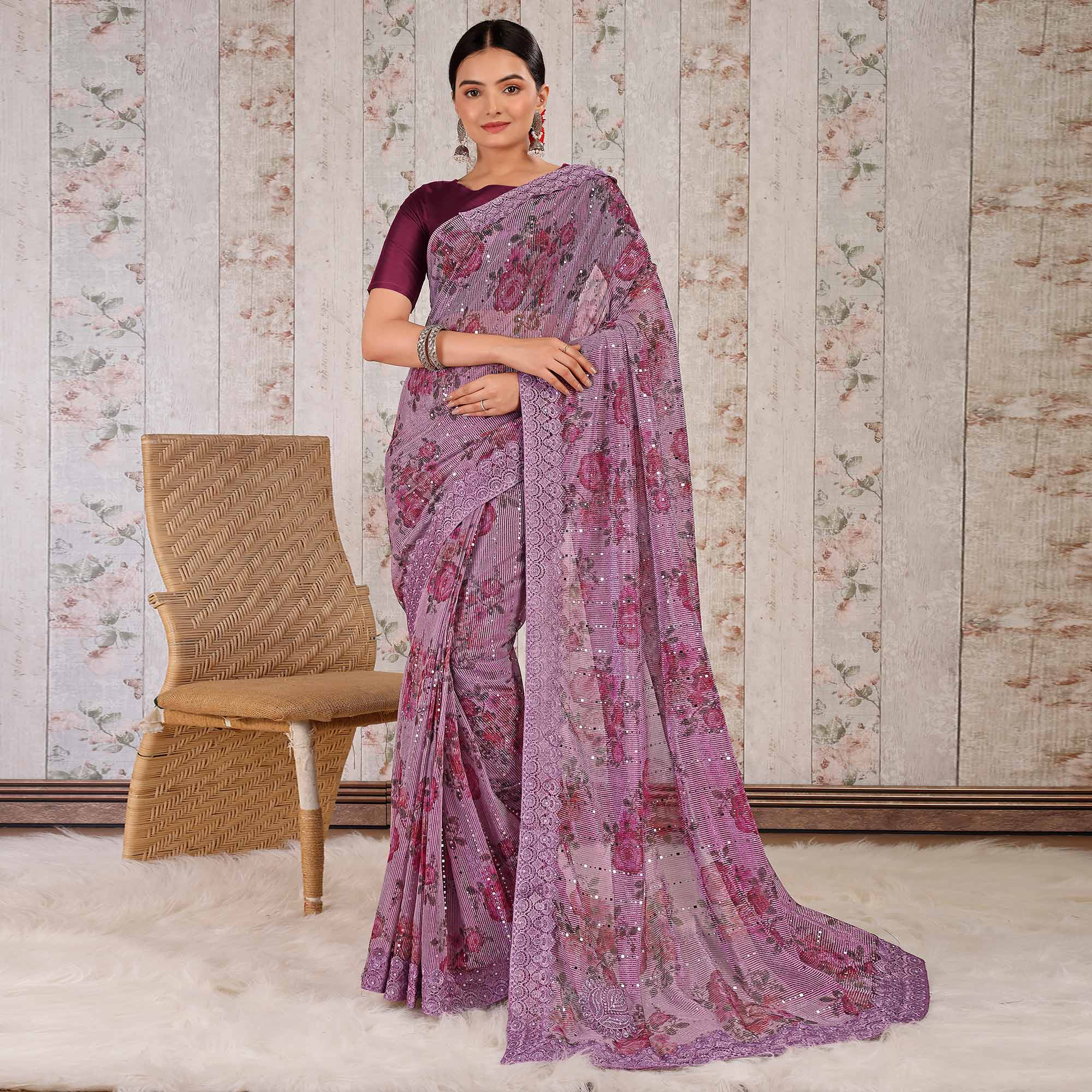 Purple Floral Digital Printed Lycra Saree With Embroidered Border