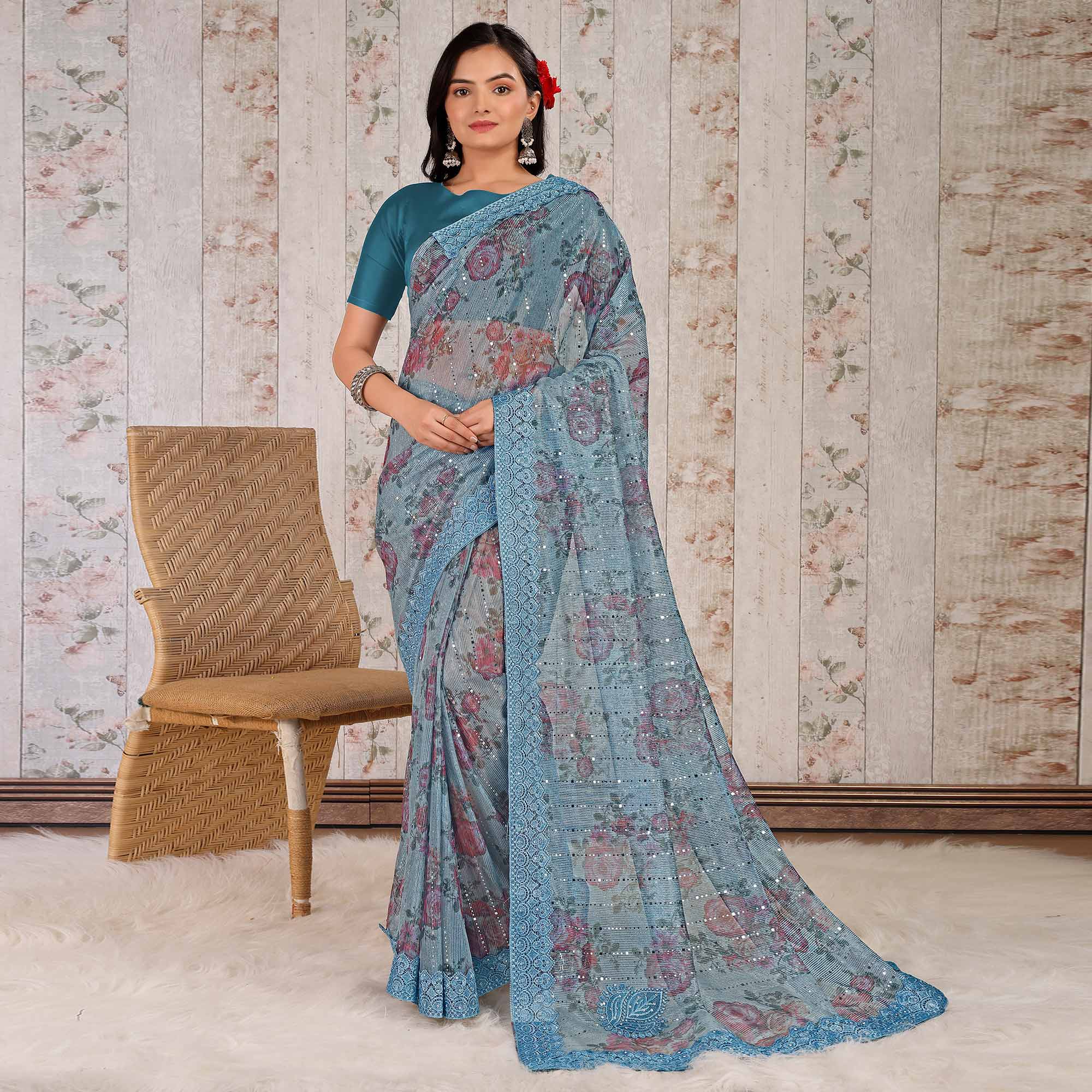 Blue Floral Digital Printed Lycra Saree With Embroidered Border