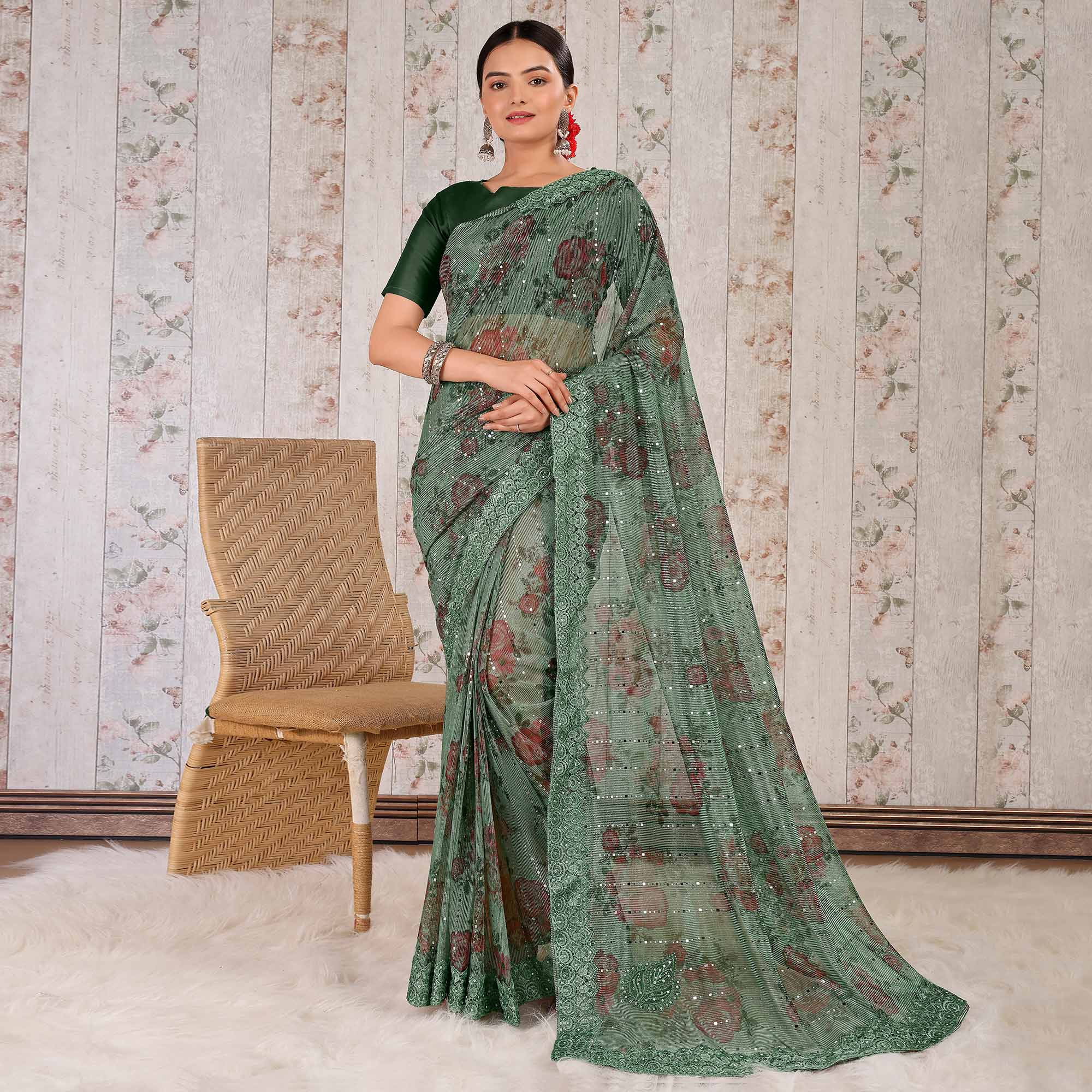 Green Floral Digital Printed Lycra Saree With Embroidered Border