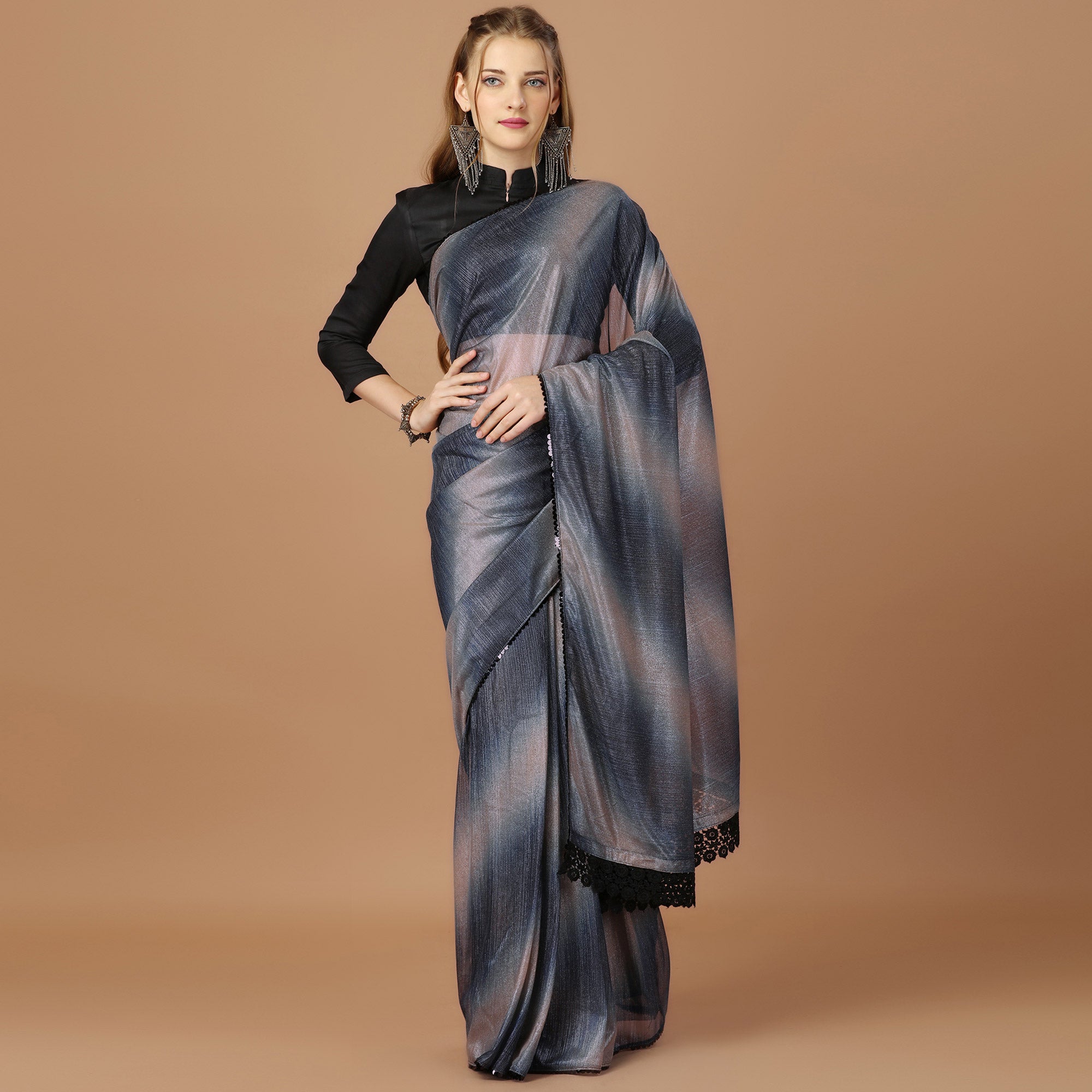 Blue Digital Printed Lycra Saree With Lace Border