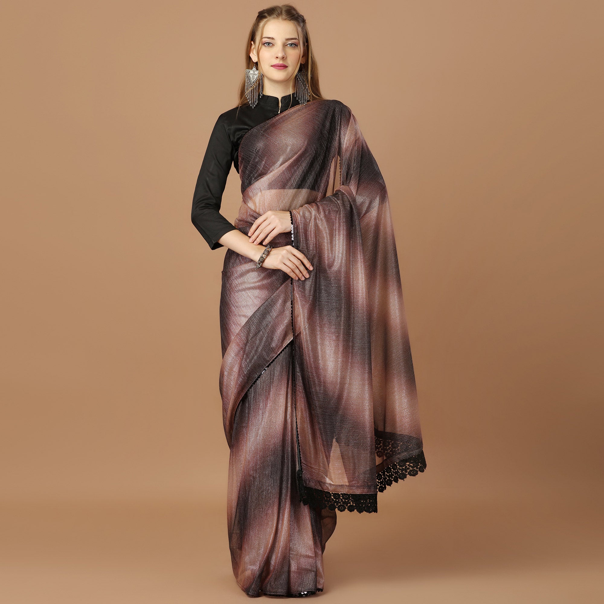 Brown Digital Printed Lycra Saree With Lace Border