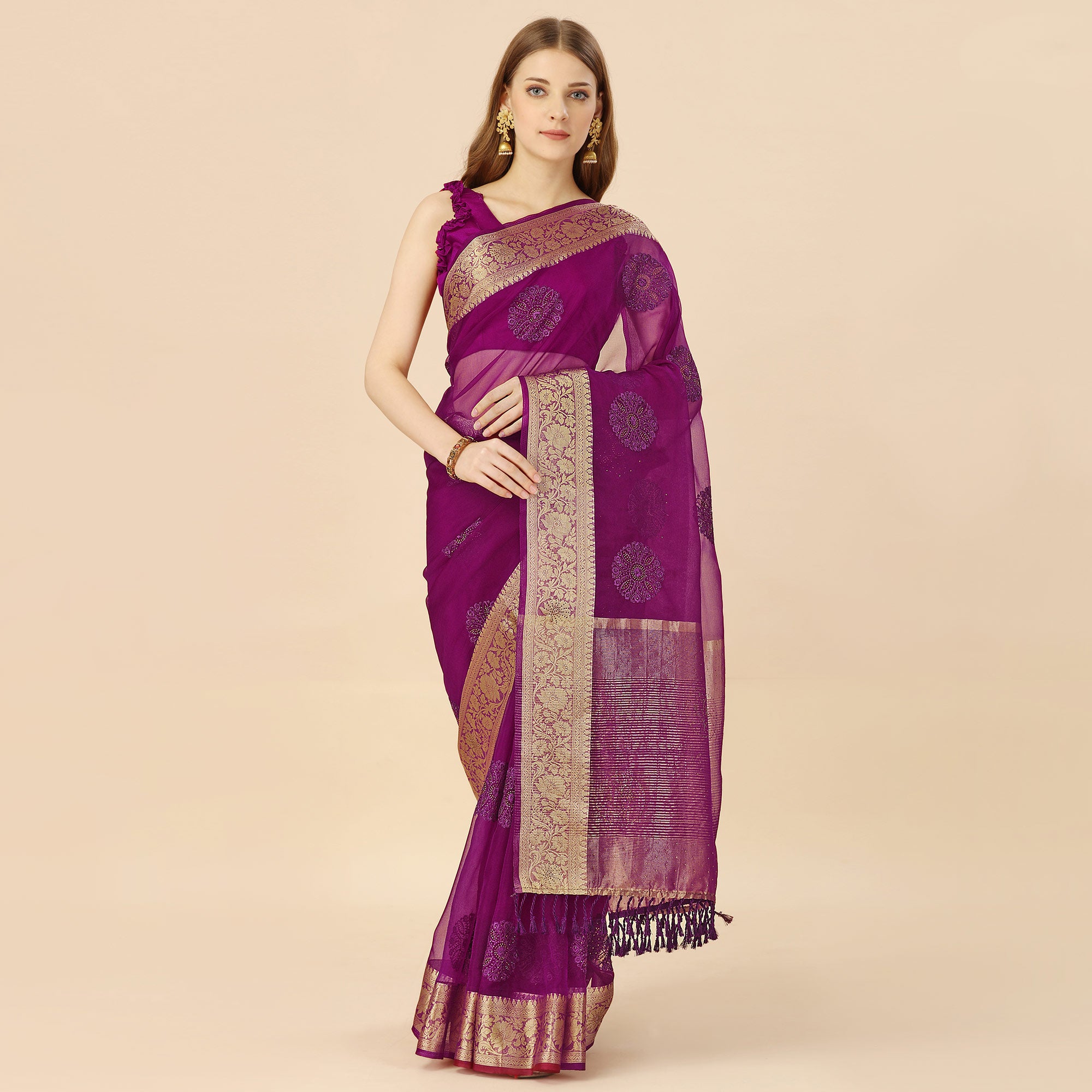 Purple Floral Embroidery With Swarovski Work Organza Saree