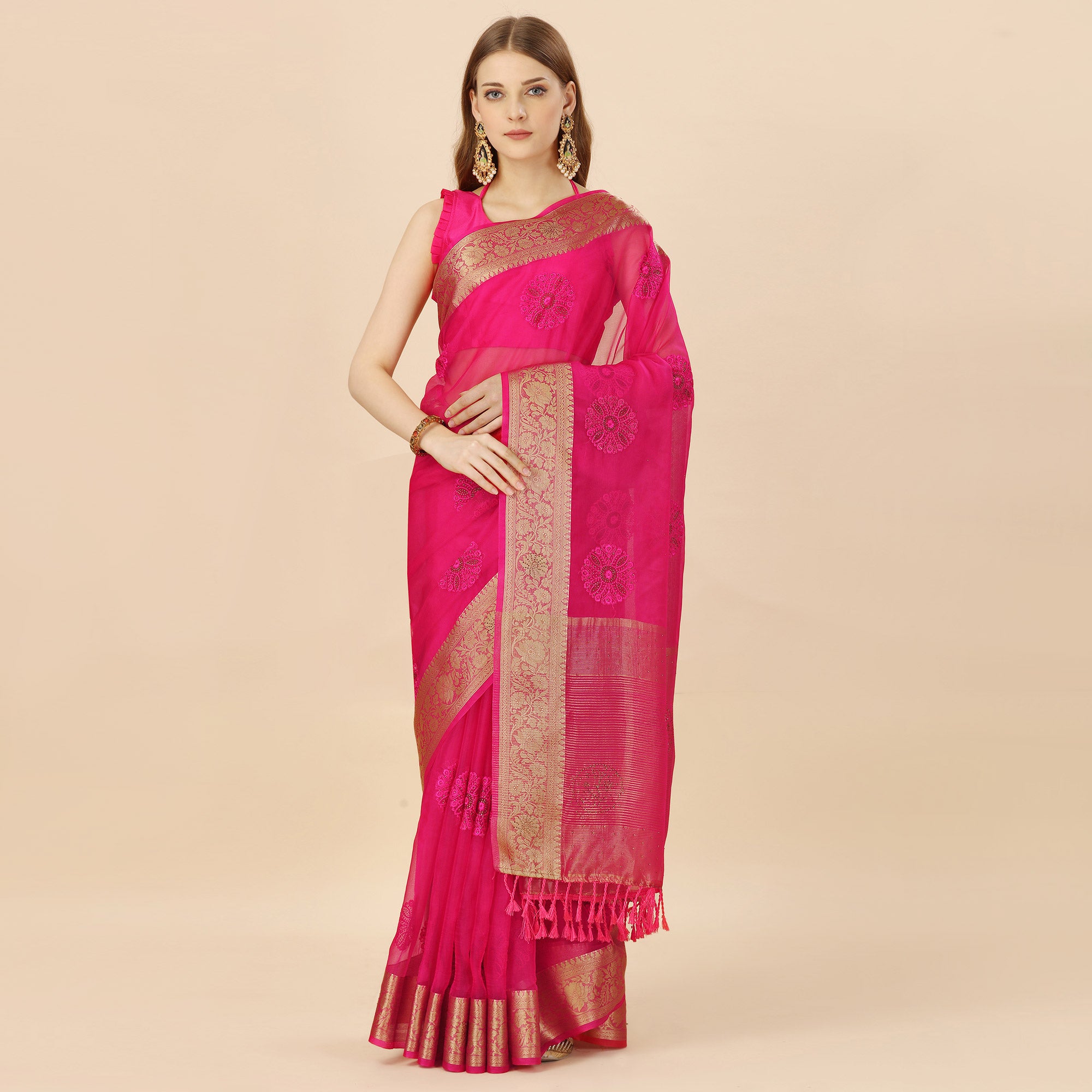 Rani Pink Floral Embroidery With Swarovski Work Organza Saree